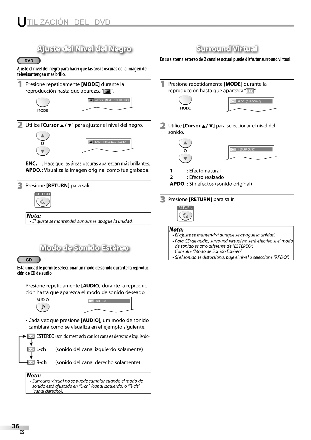 Sylvania LD200SL8 owner manual Ajuste del Nivel del Negro, Surround Virtual, Modo de Sonido Estéreo 