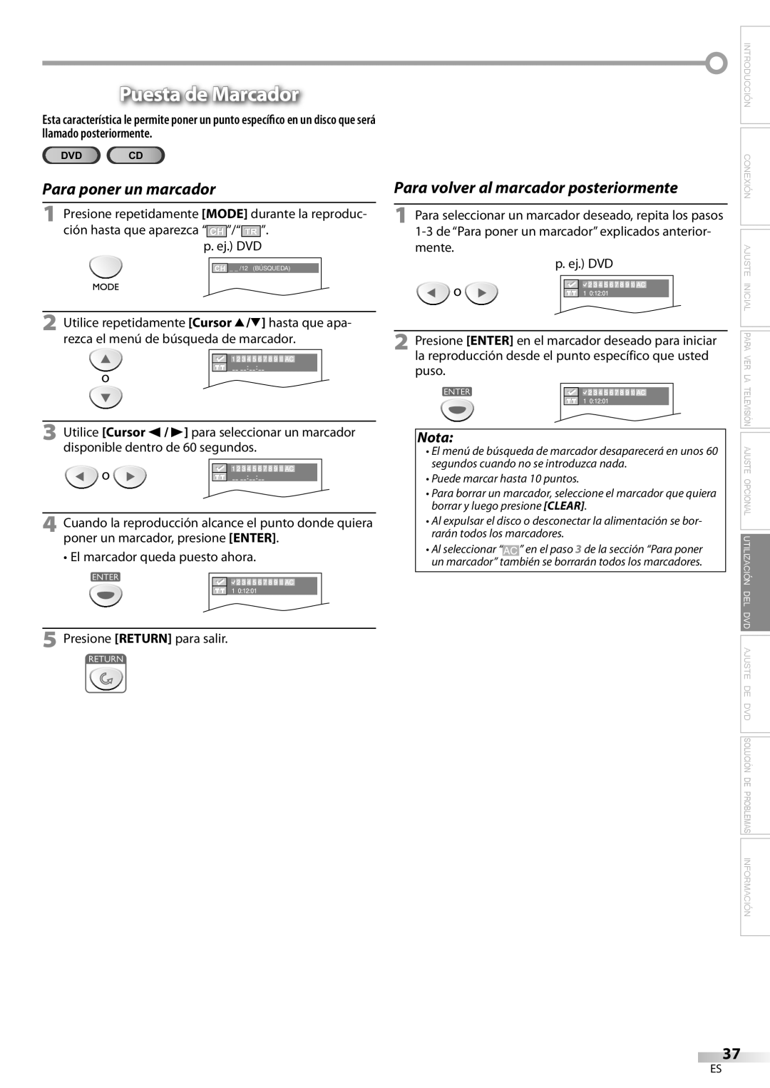 Sylvania LD200SL8 owner manual Puesta de Marcador, Para poner un marcador 