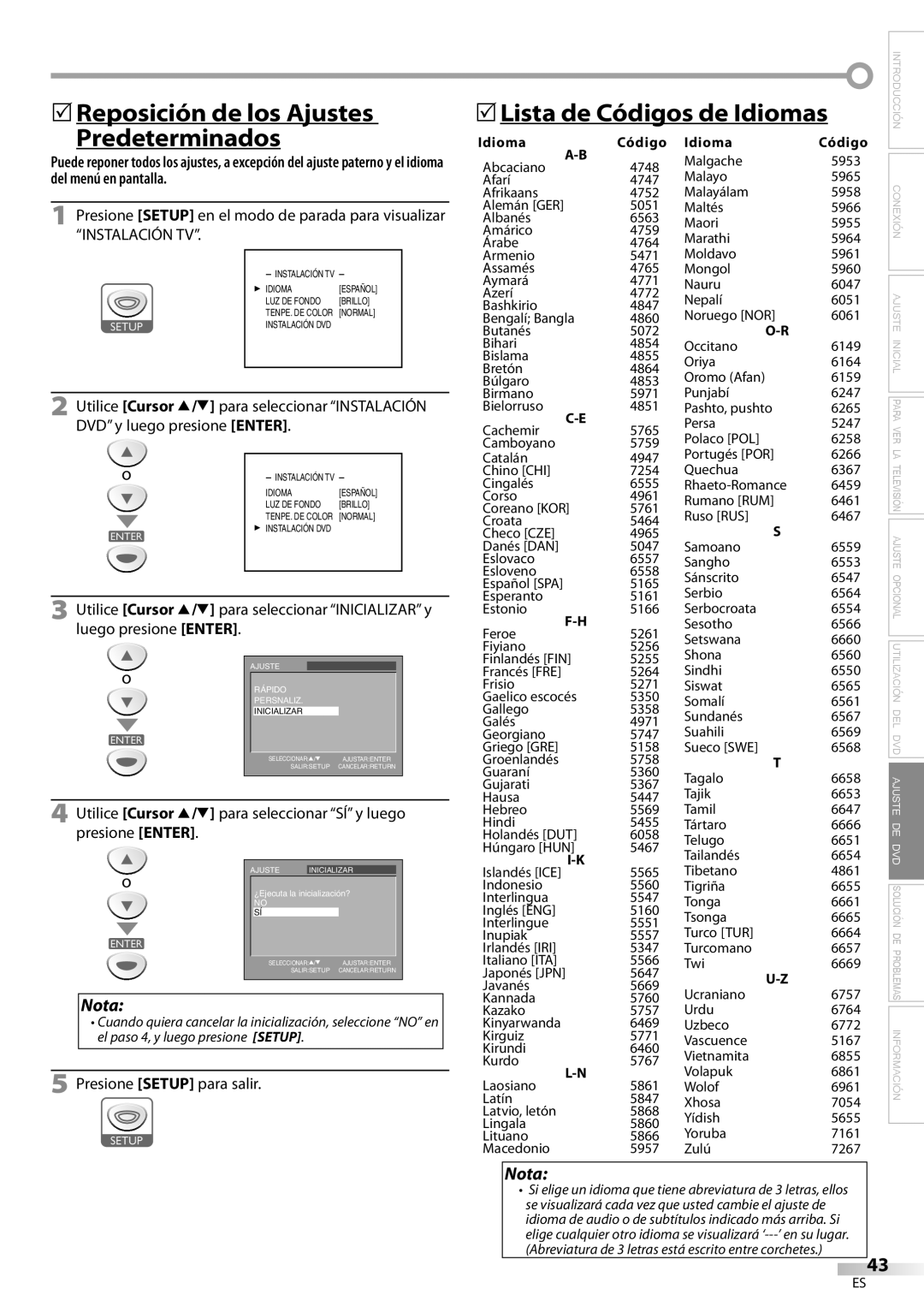 Sylvania LD200SL8 owner manual 5Reposición de los Ajustes Predeterminados, 5Lista de Códigos de Idiomas, Idioma Código 