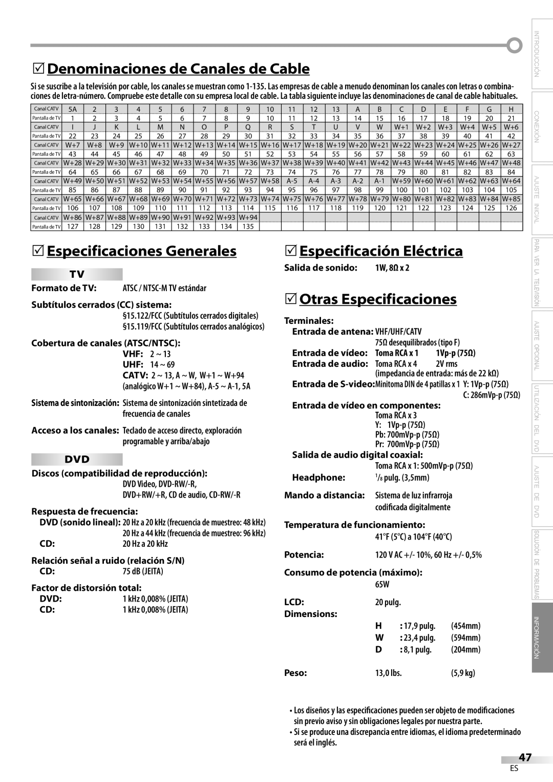 Sylvania LD200SL8 owner manual 5Denominaciones de Canales de Cable, 5Especificaciones Generales, 5Especificación Eléctrica 