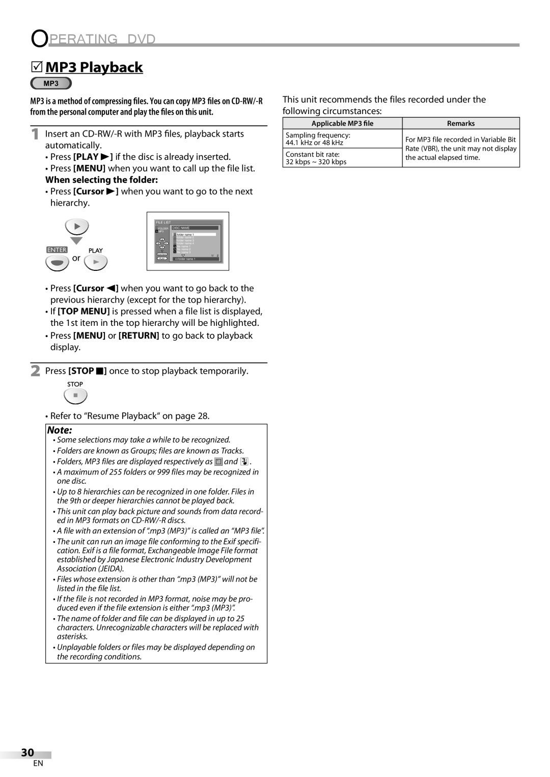 Sylvania LD200SL8 owner manual 5MP3 Playback, Operating Dvd, When selecting the folder 