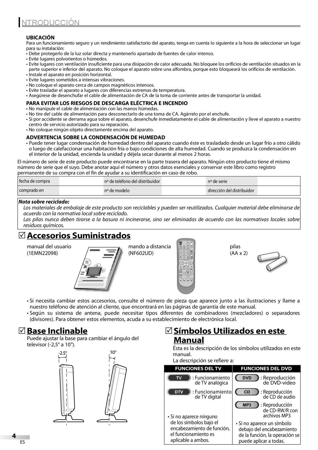 Sylvania LD200SL8 5Accesorios Suministrados, 5Base Inclinable, 5Símbolos Utilizados en este Manual, Introducción 