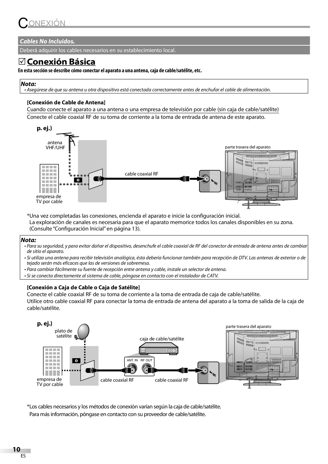 Sylvania LD200SL8 owner manual 5Conexión Básica, Cables No Incluidos, Nota, Conexión de Cable de Antena 