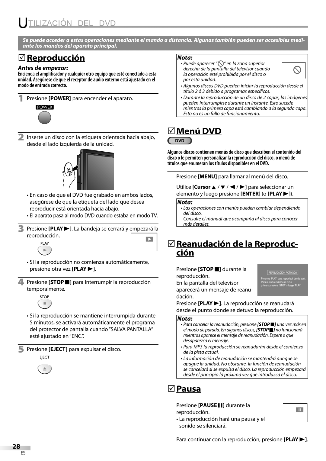 Sylvania LD200SL8 Reproducción, 5Menú DVD, 5Reanudación de la Reproduc- ción, Pausa, Utilización Del Dvd, Antes de empezar 