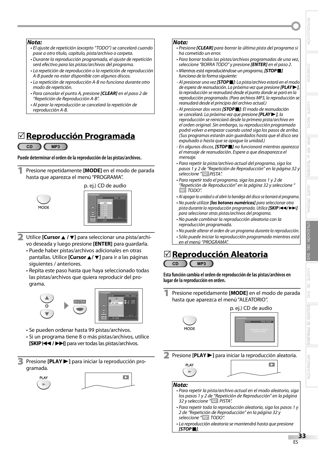 Sylvania LD200SL8 owner manual 5Reproducción Programada, 5Reproducción Aleatoria, Nota, lugar de la reproducción en orden 