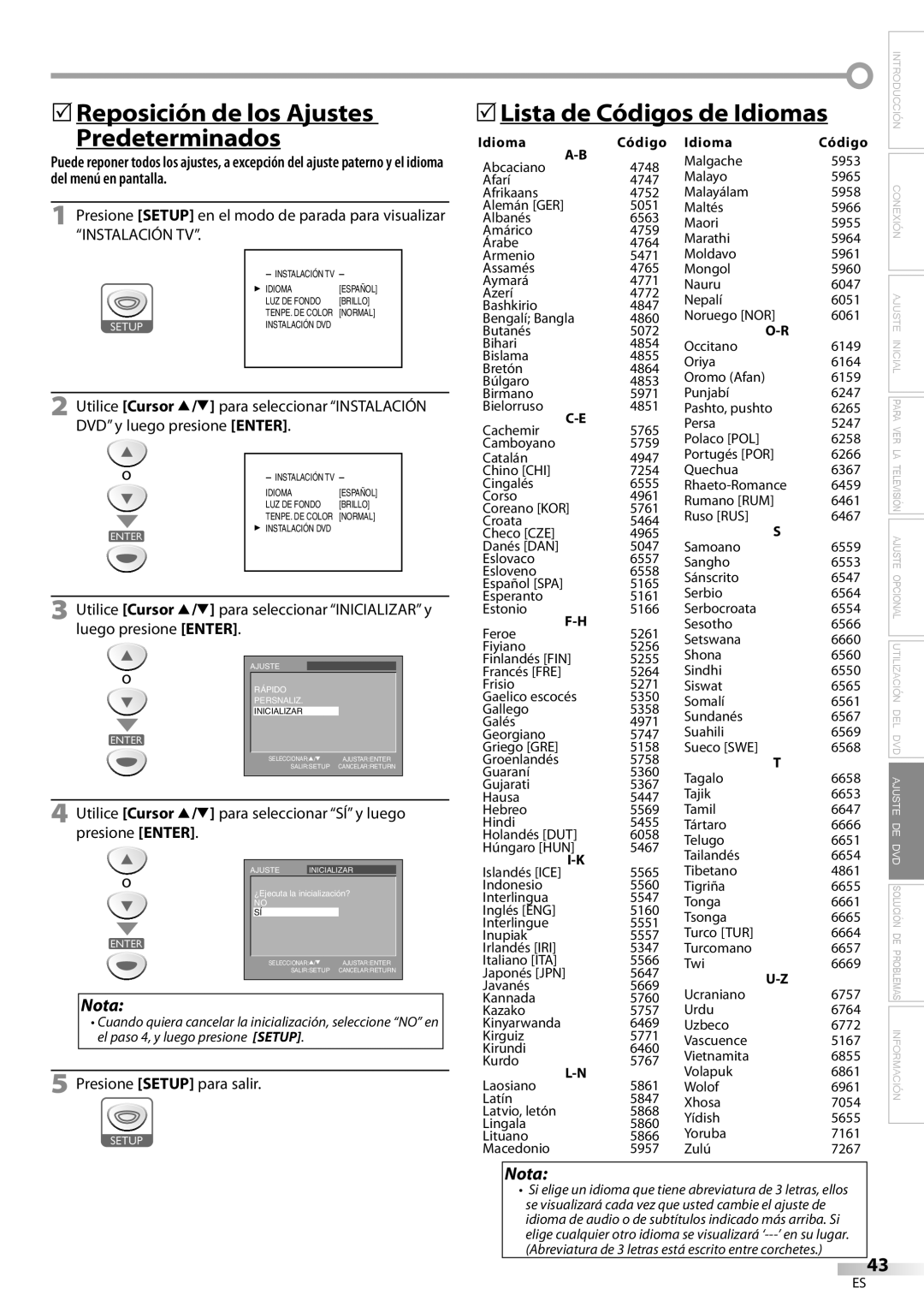 Sylvania LD200SL8 owner manual 5Reposición de los Ajustes Predeterminados, 5Lista de Códigos de Idiomas, Nota 