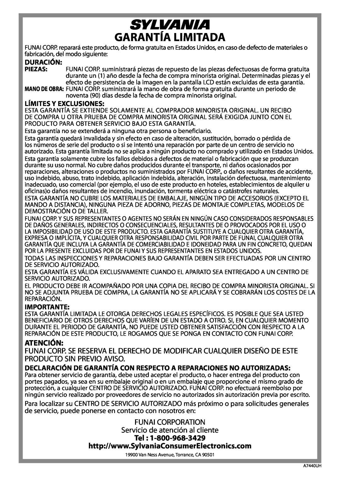 Sylvania LD200SL8 Garantía Limitada, Atención, FUNAI CORPORATION Servicio de atención al cliente, Duración, Importante 