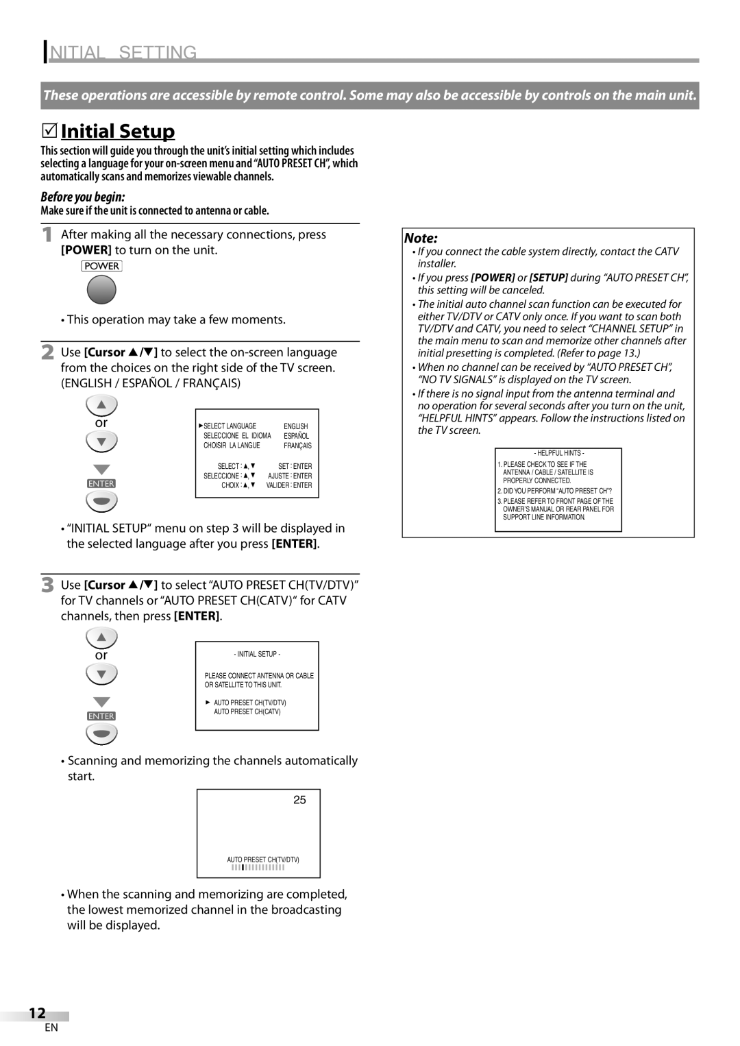 Sylvania LD200SL9 owner manual Initial Setting, 5Initial Setup, Make sure if the unit is connected to antenna or cable 