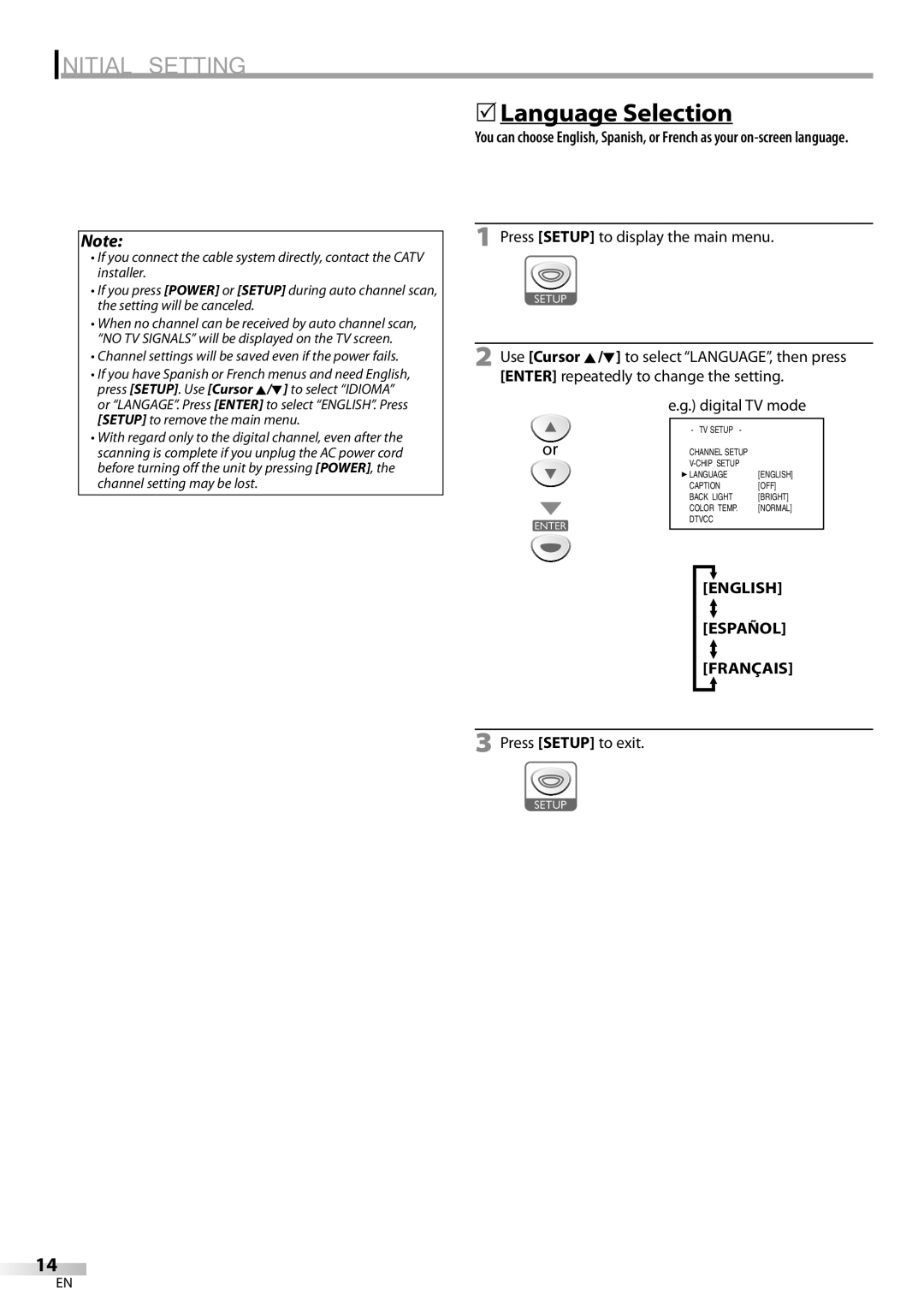 Sylvania LD200SL9 owner manual 5Language Selection, English Español Français, Press Setup to exit 