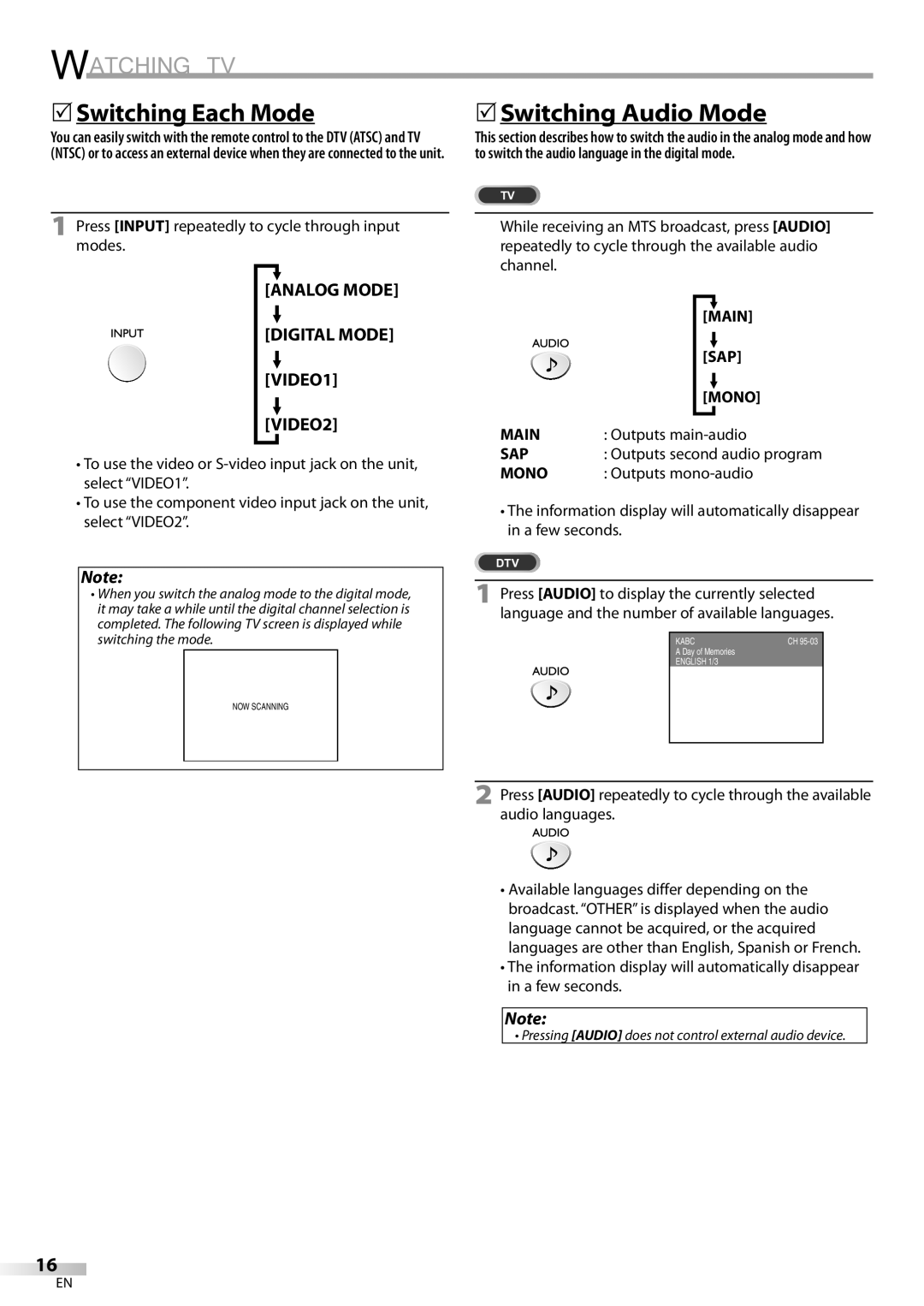 Sylvania LD200SL9 owner manual 5Switching Each Mode, 5Switching Audio Mode, Main, Sap, Mono 