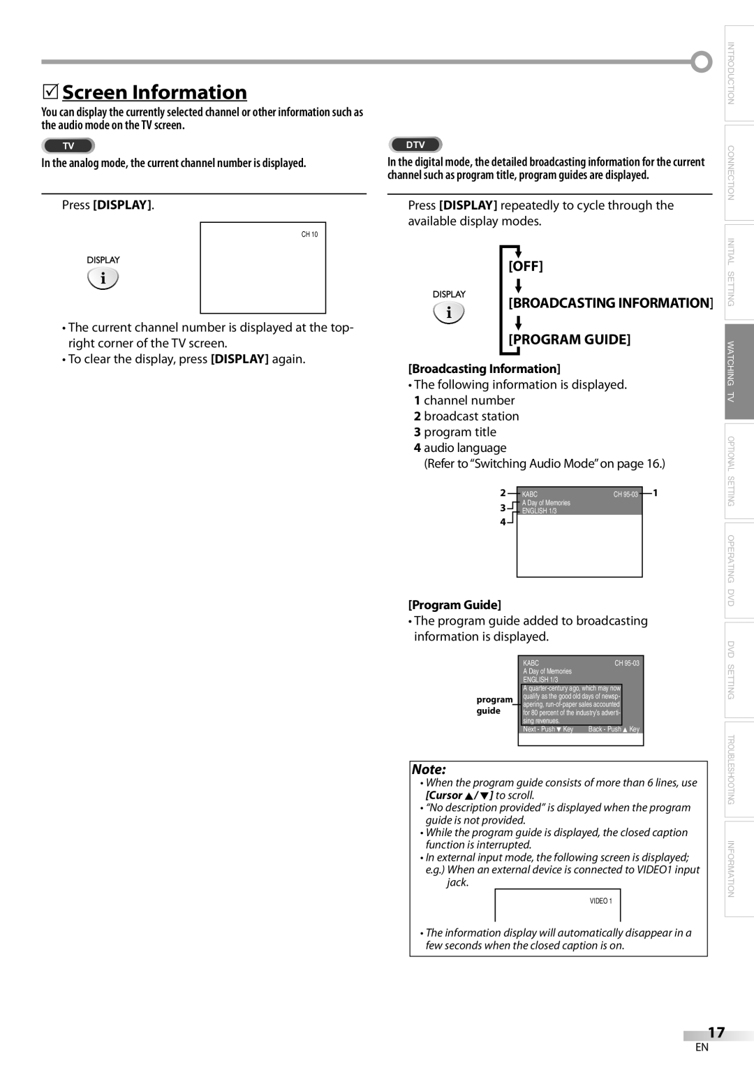 Sylvania LD200SL9 owner manual 5Screen Information, Press Display, Broadcasting Information, Program Guide, Jack 