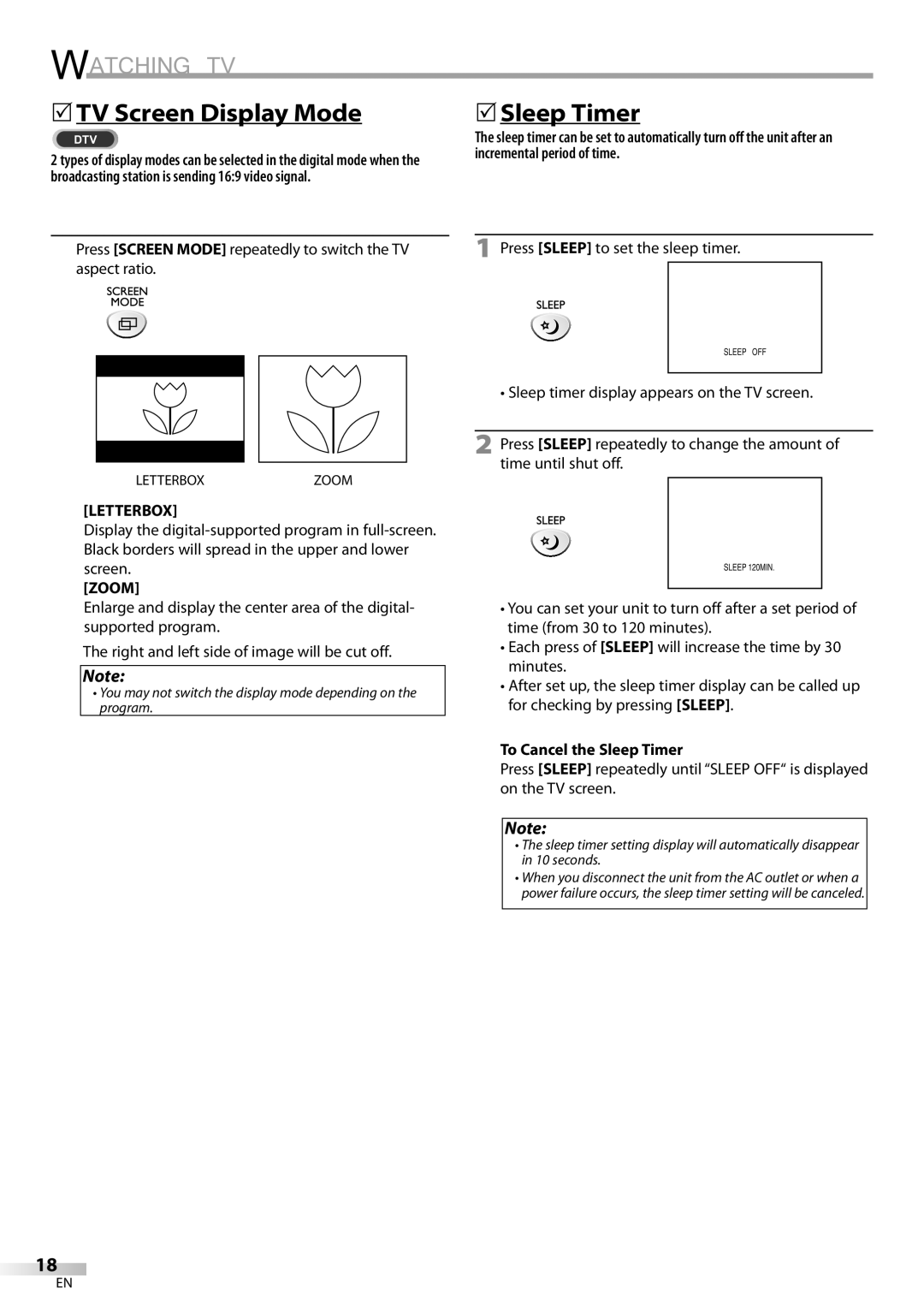 Sylvania LD200SL9 owner manual 5TV Screen Display Mode, 5Sleep Timer, Letterbox, Zoom, To Cancel the Sleep Timer 