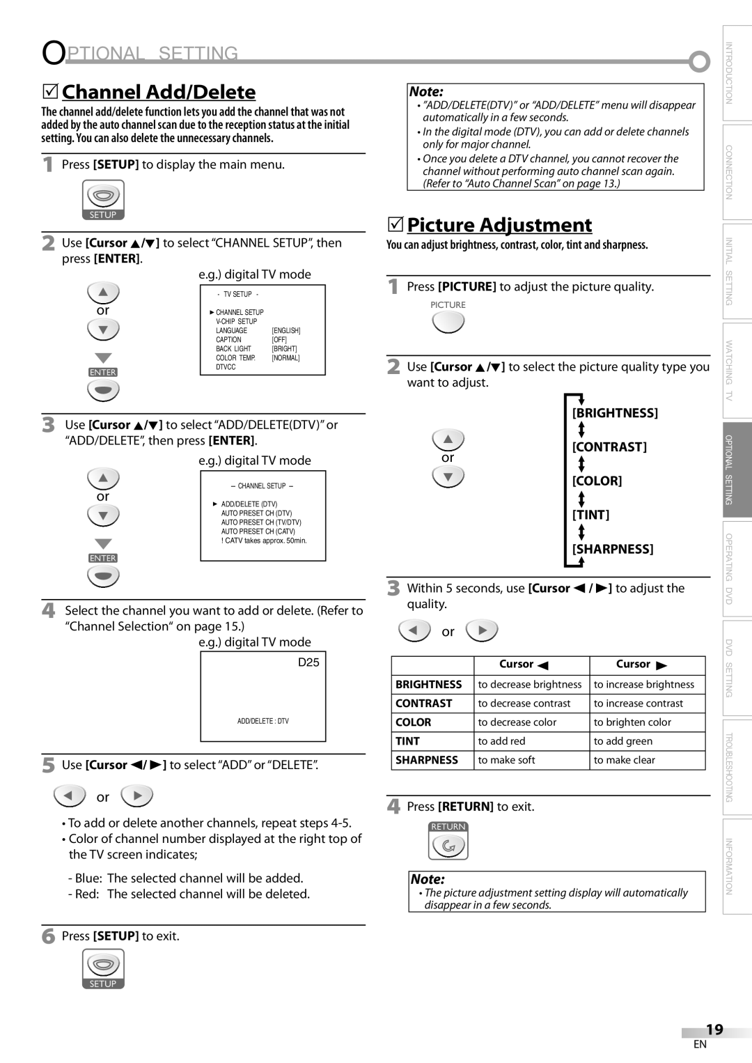 Sylvania LD200SL9 Optional Setting, 5Channel Add/Delete, 5Picture Adjustment, Brightness Contrast Color Tint Sharpness 