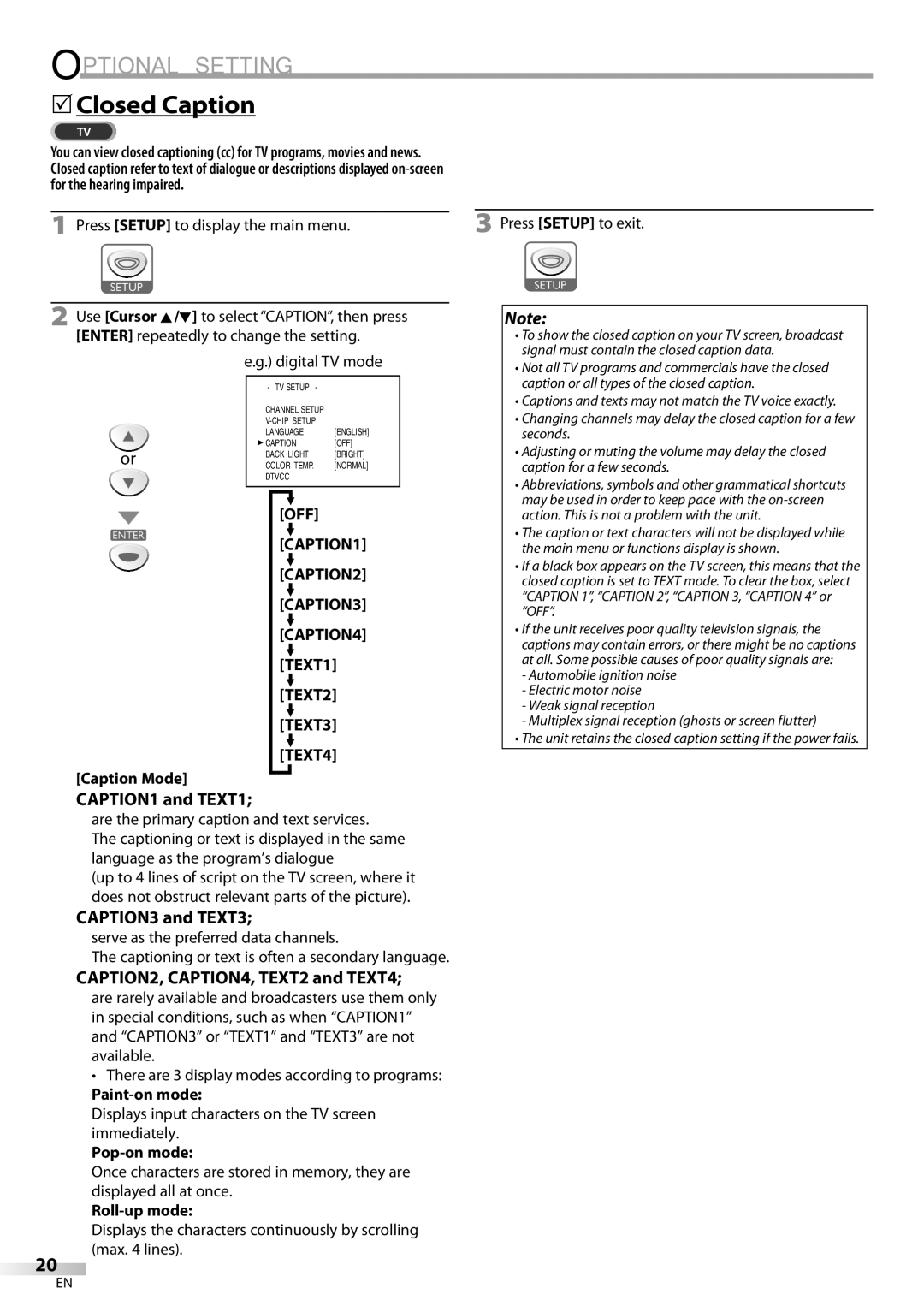 Sylvania LD200SL9 owner manual 5Closed Caption, Caption Mode, Paint-on mode, Pop-on mode, Roll-up mode 