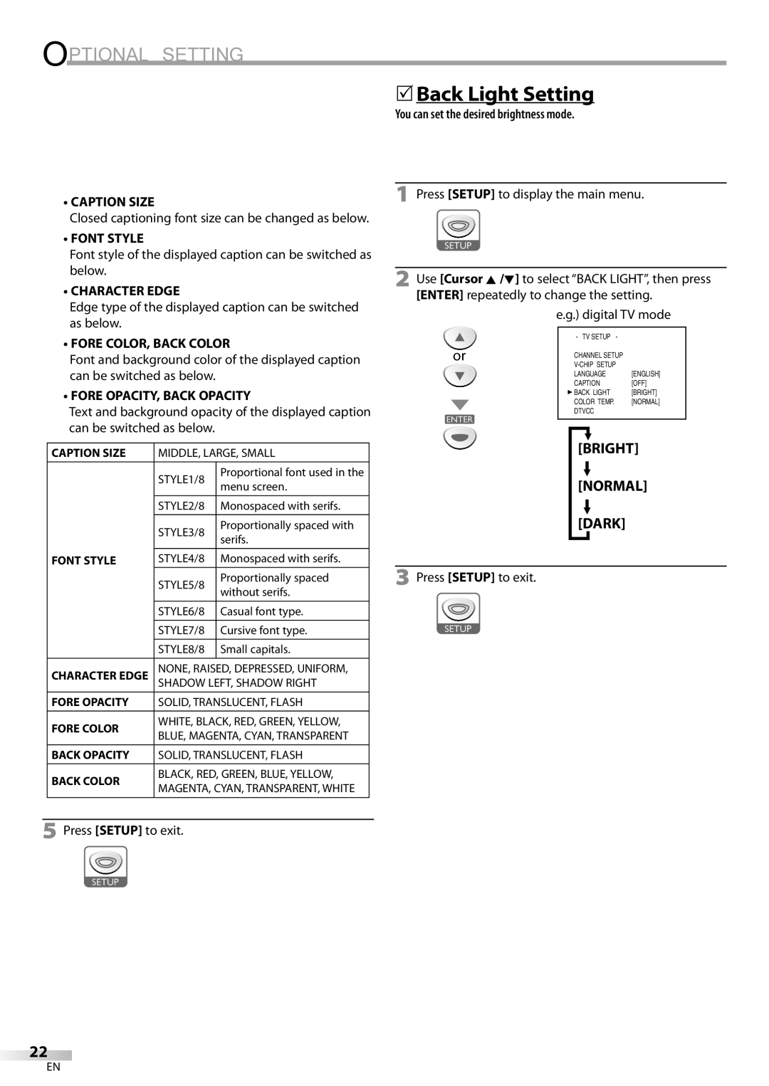 Sylvania LD200SL9 owner manual 5Back Light Setting 