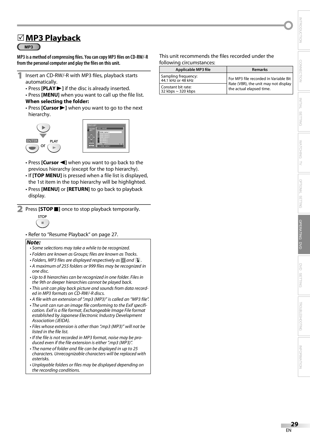 Sylvania LD200SL9 5MP3 Playback, When selecting the folder, Press Cursor B when you want to go to the next hierarchy 