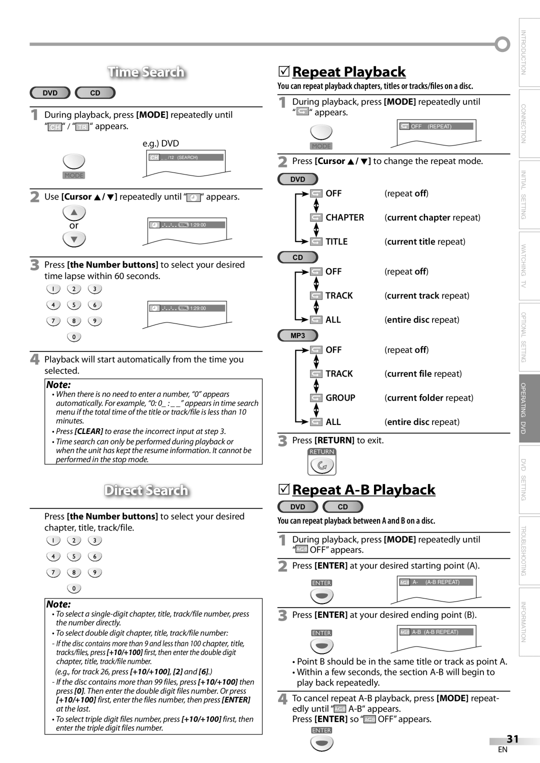 Sylvania LD200SL9 owner manual Time Search, Direct Search, 5Repeat A-B Playback 