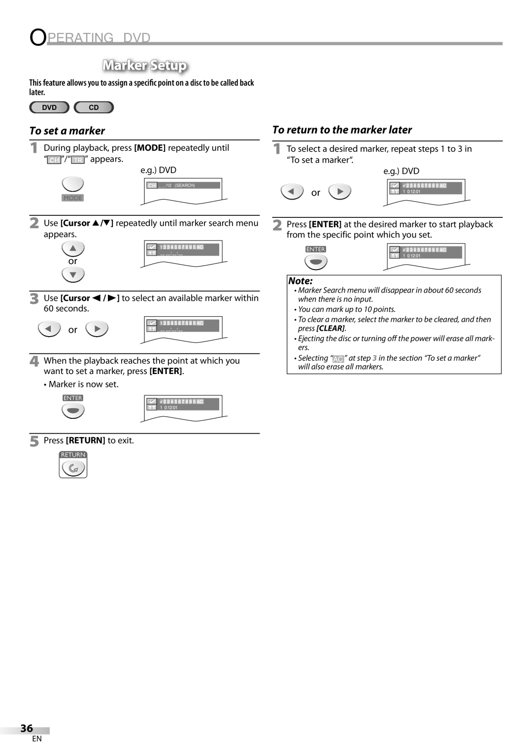 Sylvania LD200SL9 owner manual Marker Setup, To set a marker 