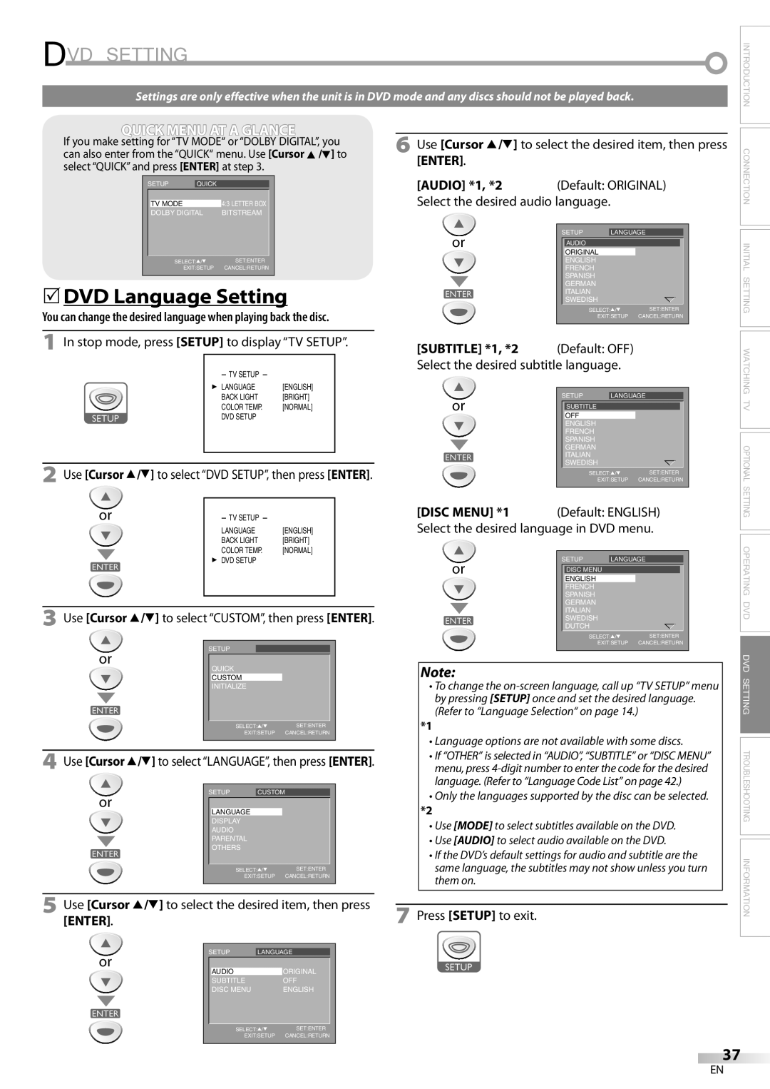 Sylvania LD200SL9 owner manual DVD Setting, 5DVD Language Setting, Audio *1, *2 