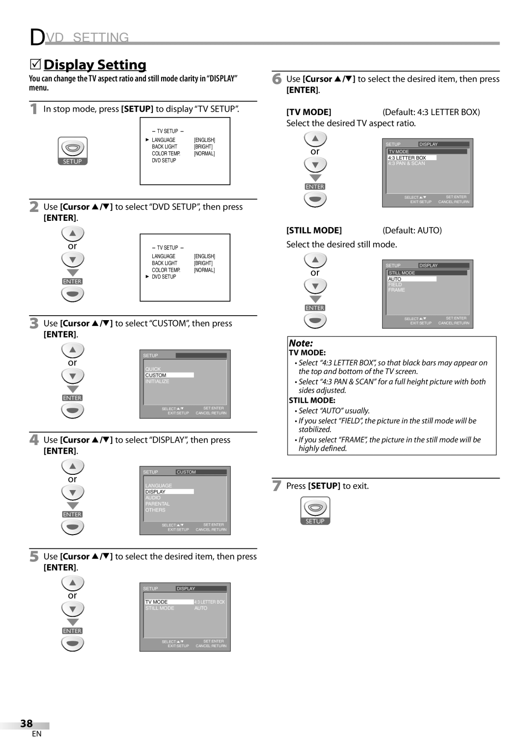 Sylvania LD200SL9 owner manual 5Display Setting, Use Cursor K/L to select DVD SETUP, then press Enter 