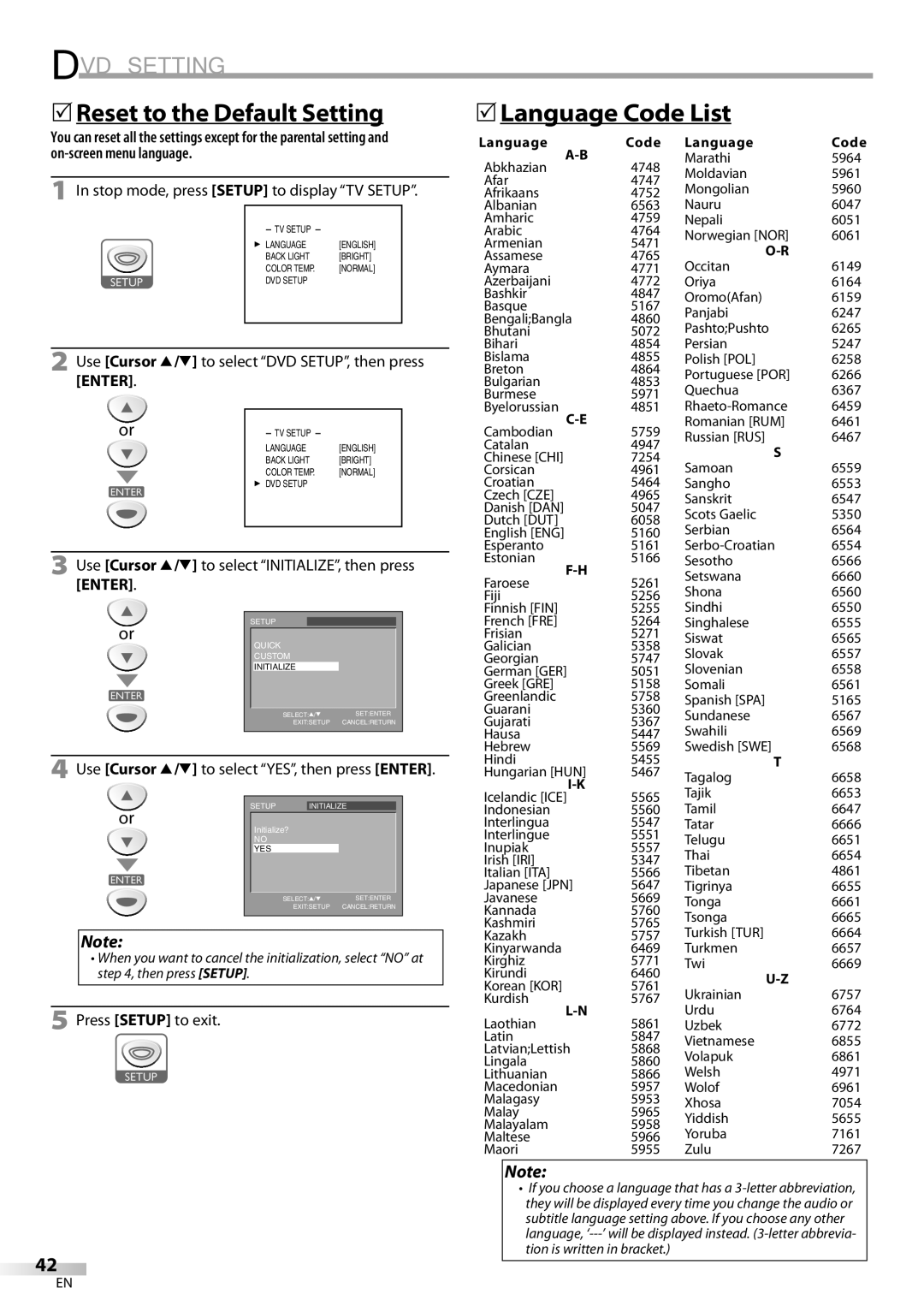 Sylvania LD200SL9 5Reset to the Default Setting, 5Language Code List, Use Cursor K/L to select YES, then press Enter 