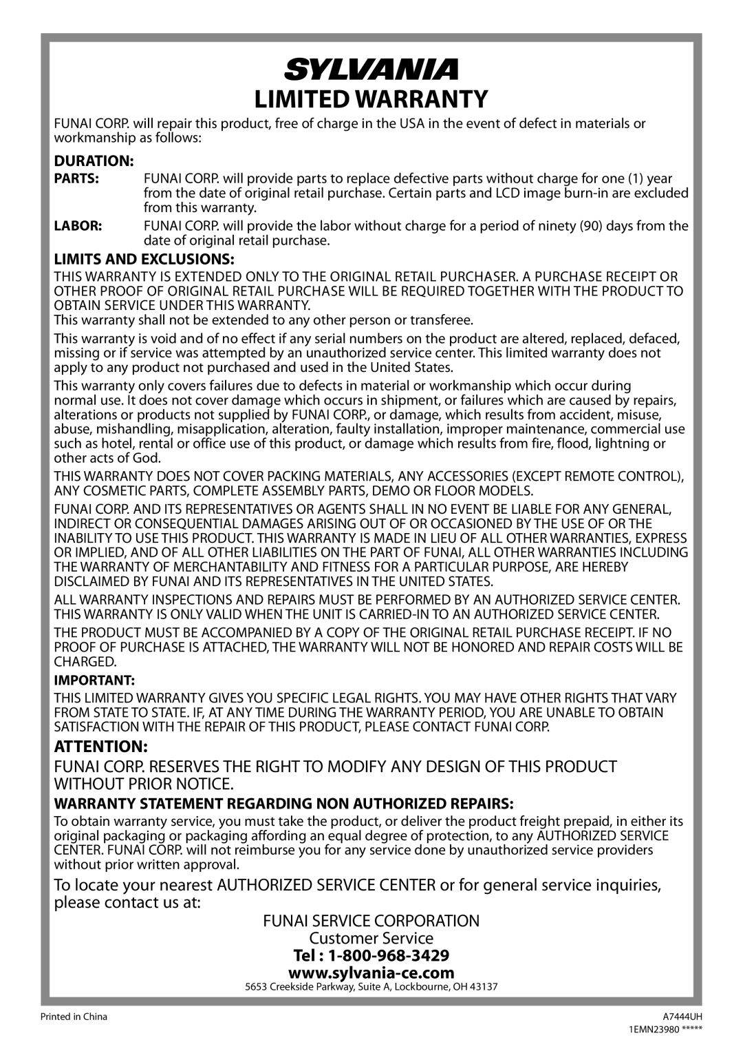 Sylvania LD200SL9 owner manual Limited Warranty 