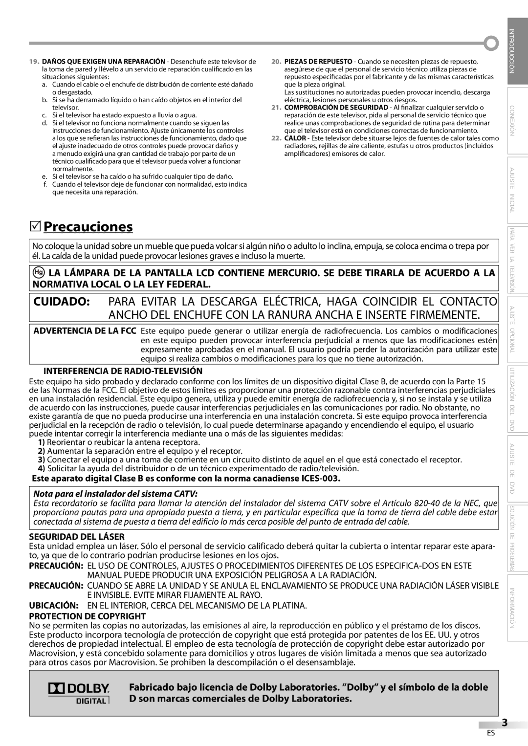 Sylvania LD200SL9 Precauciones, Interferencia DE RADIO-TELEVISIÓN, Seguridad DEL Láser, Protection DE Copyright 