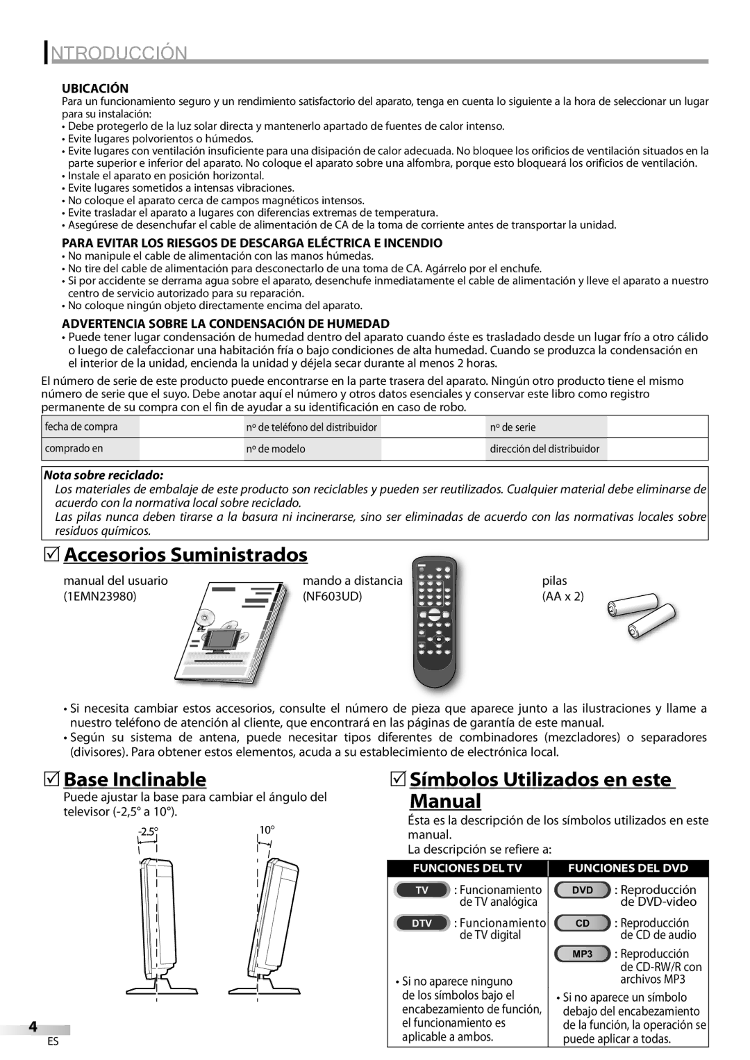 Sylvania LD200SL9 owner manual 5Accesorios Suministrados, 5Base Inclinable, 5Símbolos Utilizados en este Manual 