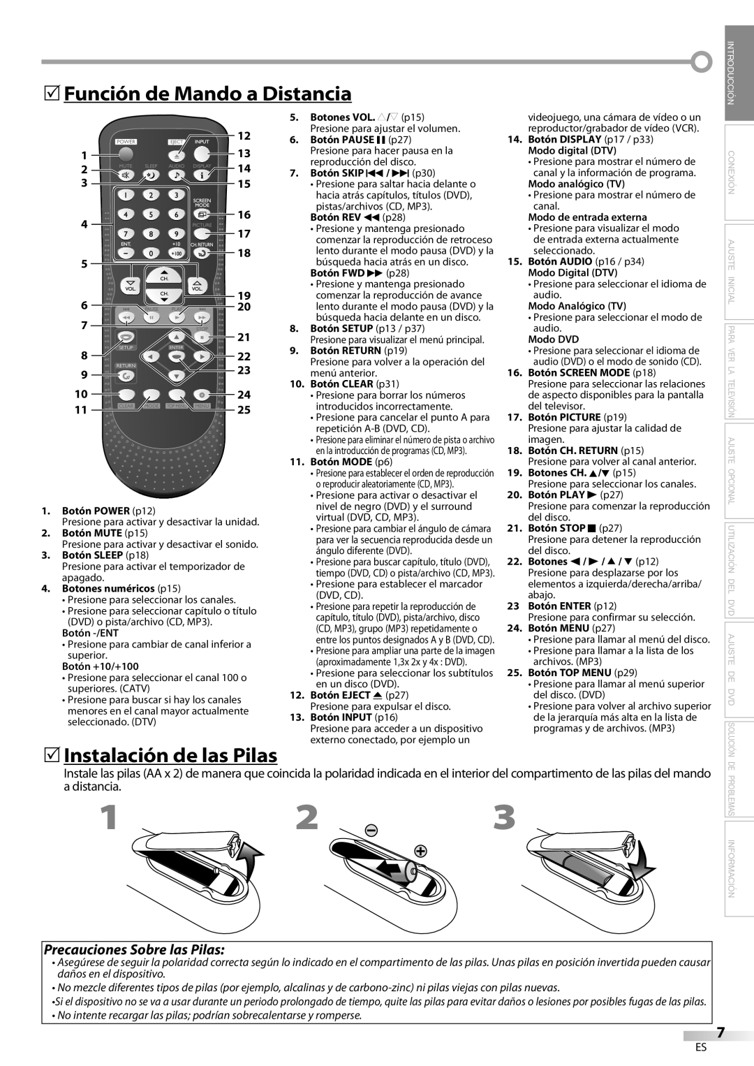 Sylvania LD200SL9 owner manual 5Función de Mando a diDistanciia, 5Instalación de las Pilas 