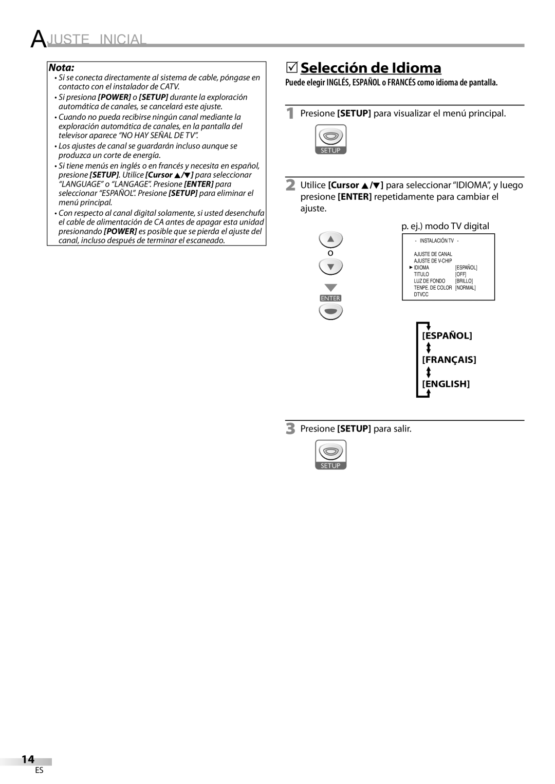 Sylvania LD200SL9 owner manual 5Selección de Idioma, Español Français English, Presione Setup para salir 