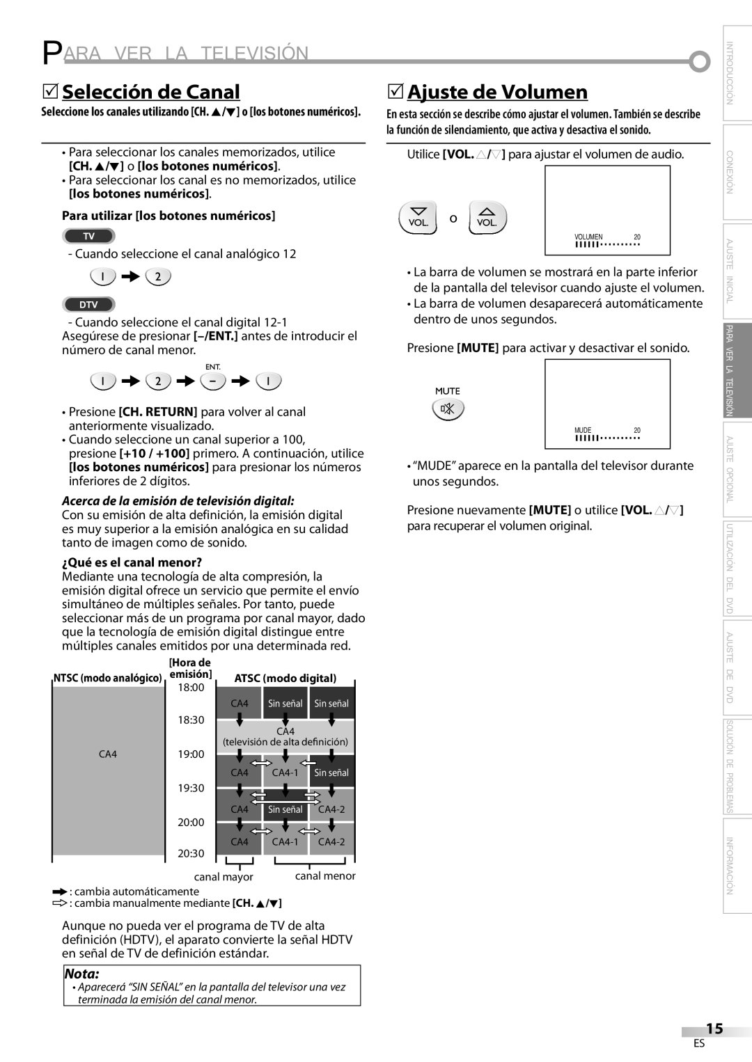 Sylvania LD200SL9 Para VER LA Televisión, 5Selección de Canal, 5Ajuste de Volumen, Para utilizar los botones numéricos 