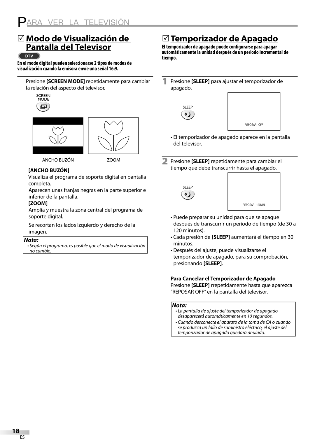 Sylvania LD200SL9 owner manual 5Modo de Visualización de Pantalla del Televisor, 5Temporizador de Apagado, Ancho Buzón 