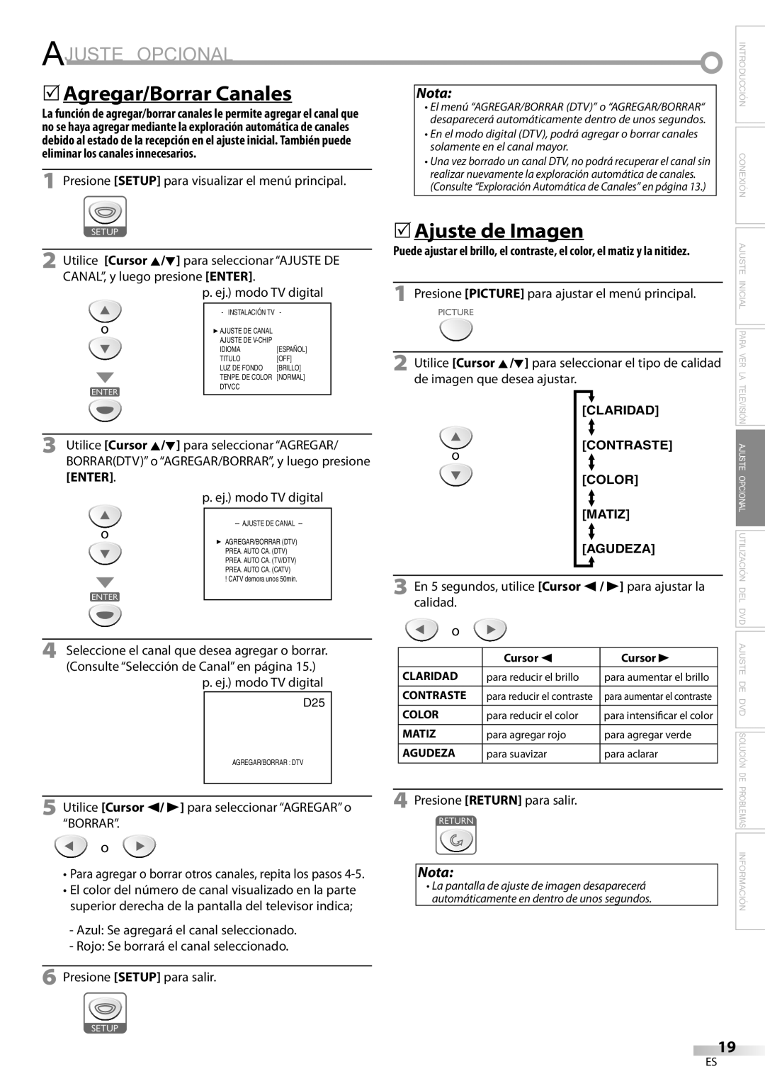 Sylvania LD200SL9 owner manual Ajuste Opcional, 5Agregar/Borrar Canales, 5Ajuste de Imagen 