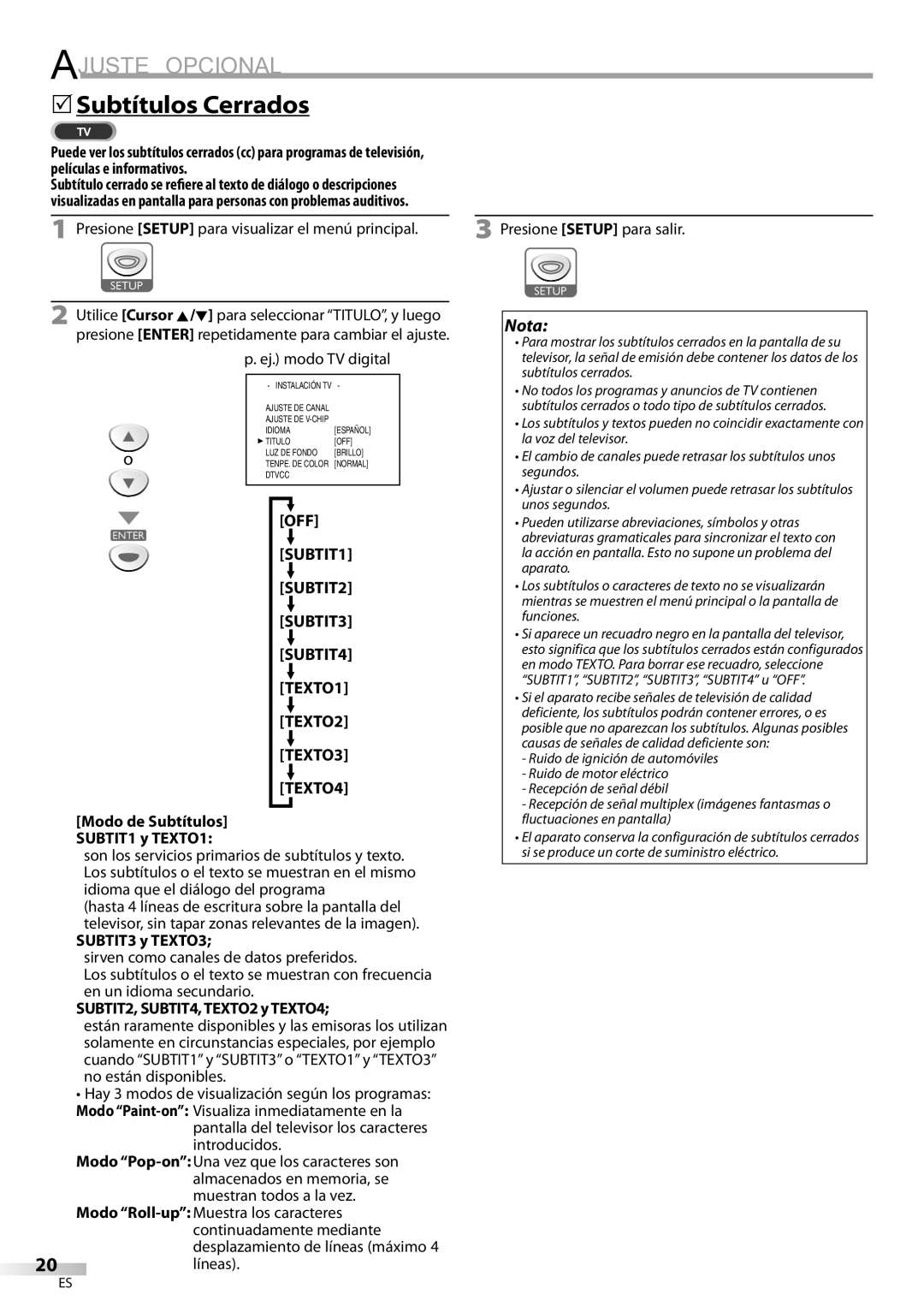 Sylvania LD200SL9 owner manual 5Subtítulos Cerrados, Modo de Subtítulos SUBTIT1 y TEXTO1, SUBTIT3 y TEXTO3 