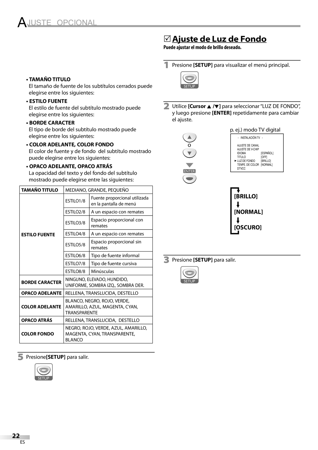 Sylvania LD200SL9 owner manual 5Ajuste de Luz de Fondo 