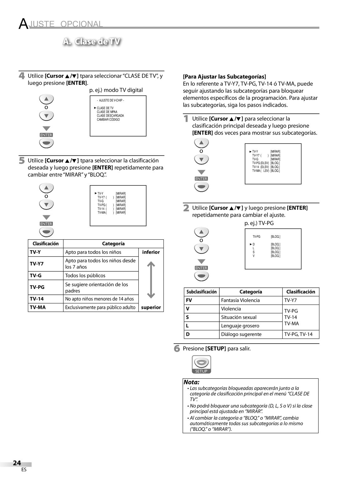 Sylvania LD200SL9 owner manual Clase de TV, Para Ajustar las Subcategorías, Ej. TV-PG 