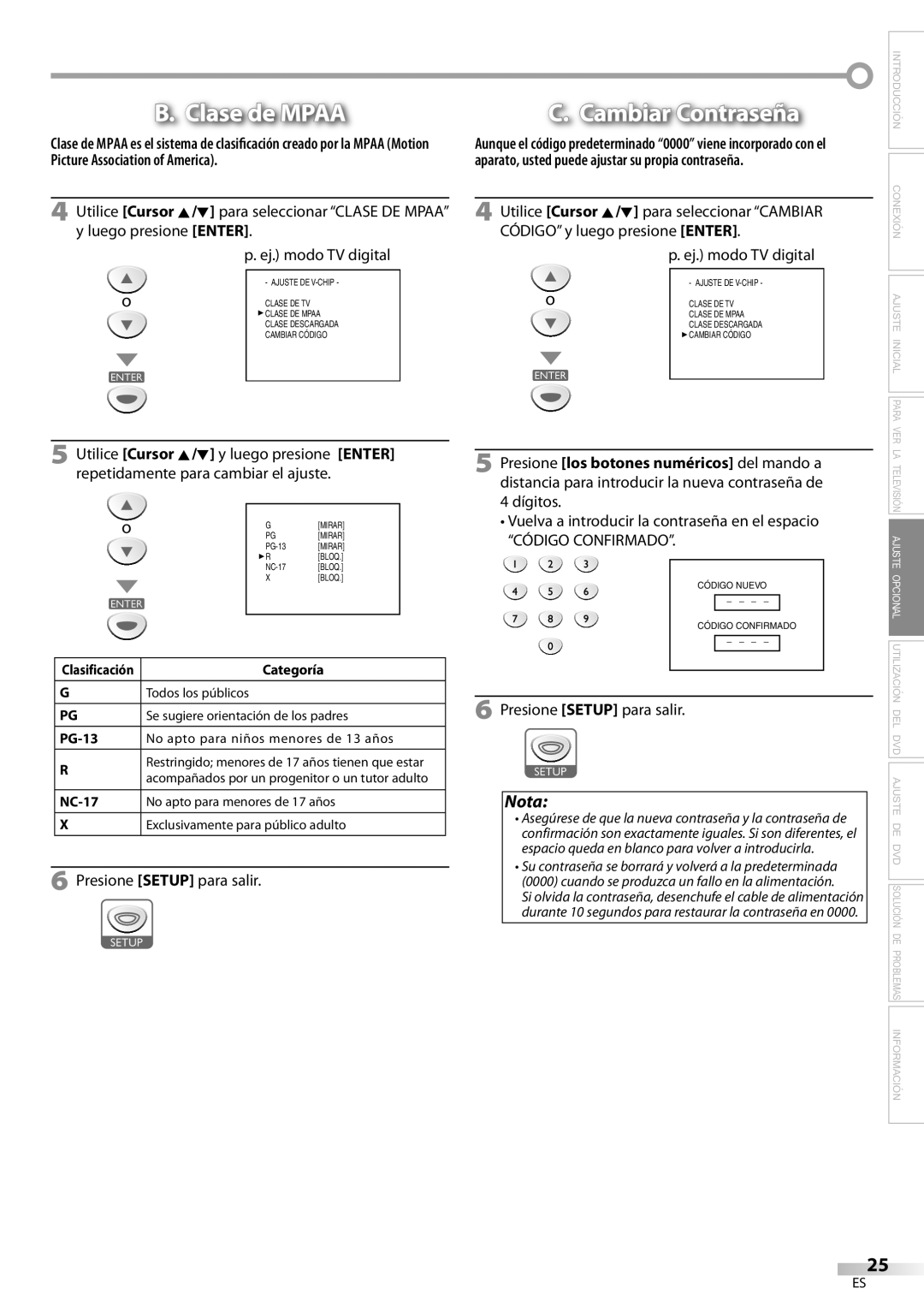 Sylvania LD200SL9 owner manual Clase de Mpaa, Cambiar Contraseña, Vuelva a introducir la contraseña en el espacio 