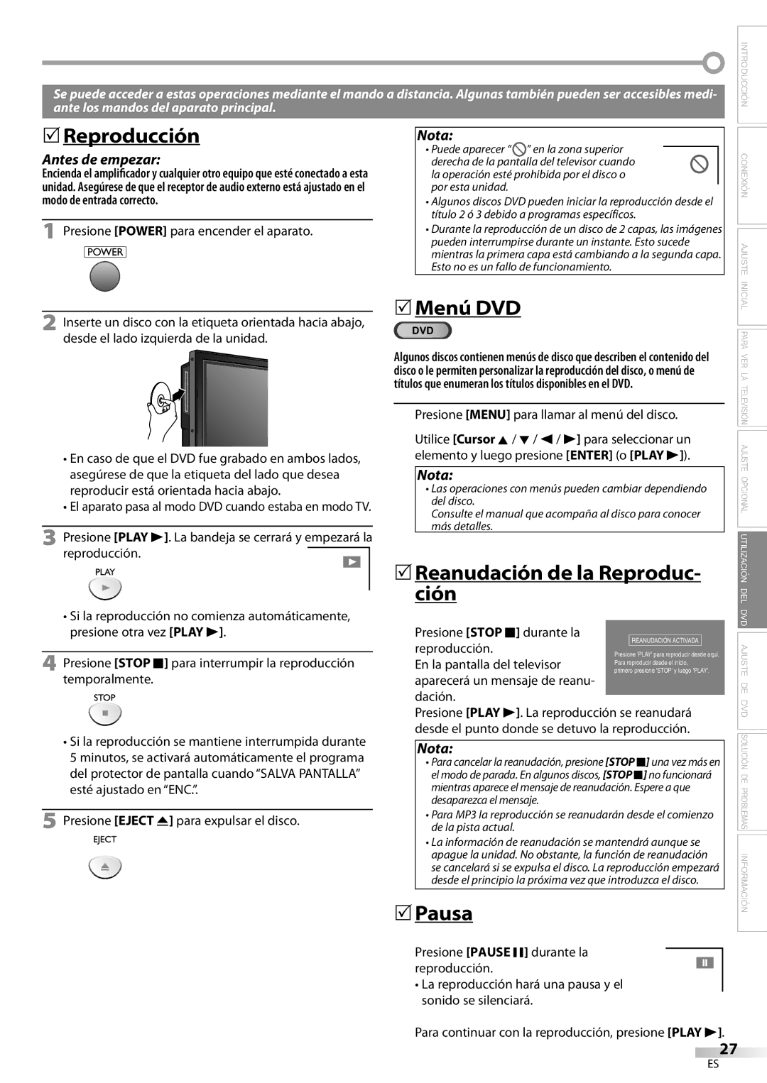 Sylvania LD200SL9 owner manual Reproducción, 5Menú DVD, 5Reanudación de la Reproduc, Ción, 5Pausa 