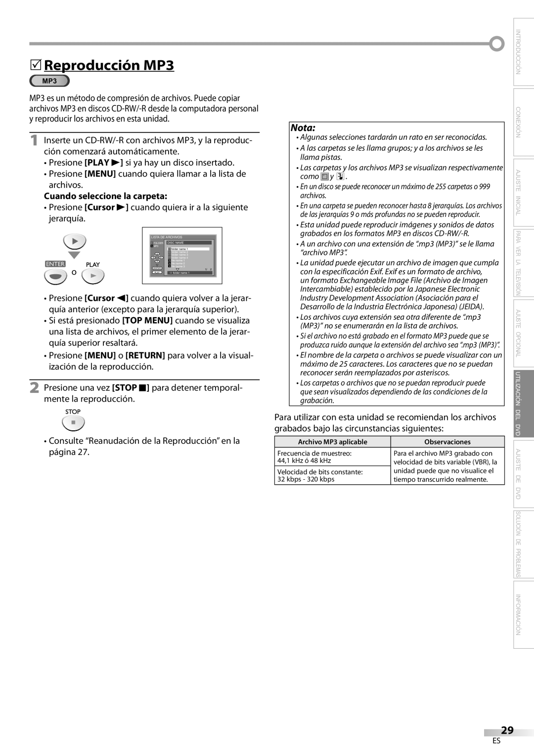 Sylvania LD200SL9 owner manual 5Reproducción MP3, Cuando seleccione la carpeta 