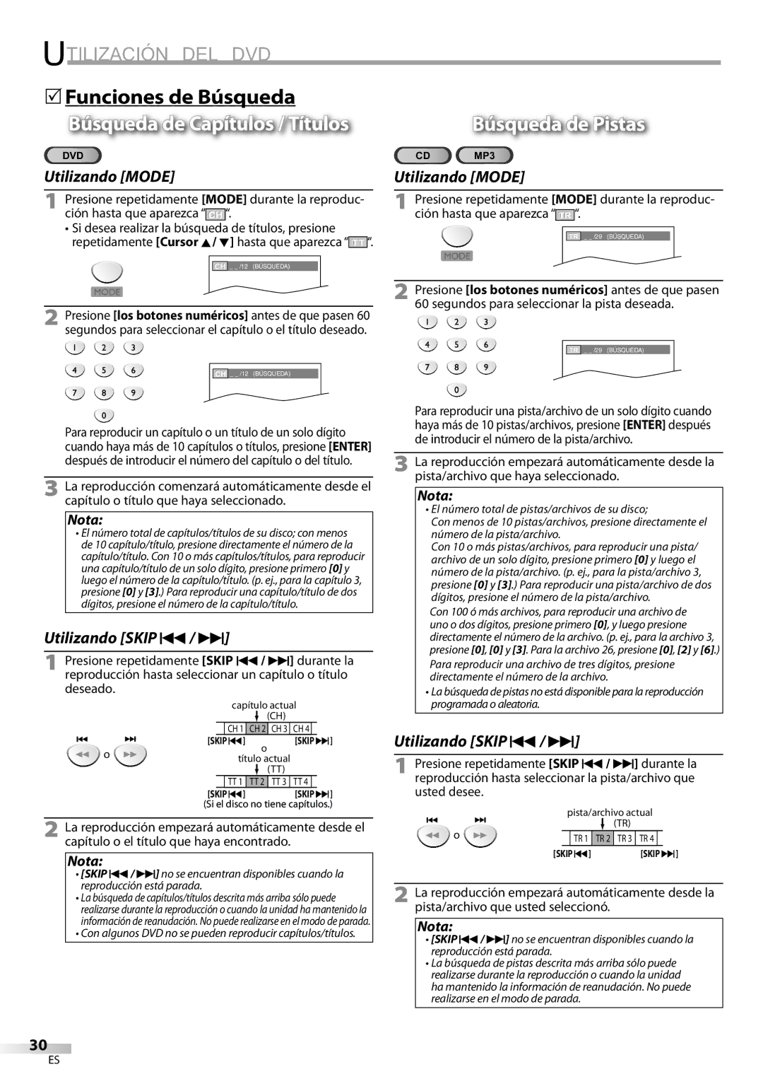 Sylvania LD200SL9 owner manual Funciones de Búsqueda, Búsqueda de Capítulos / Títulos 