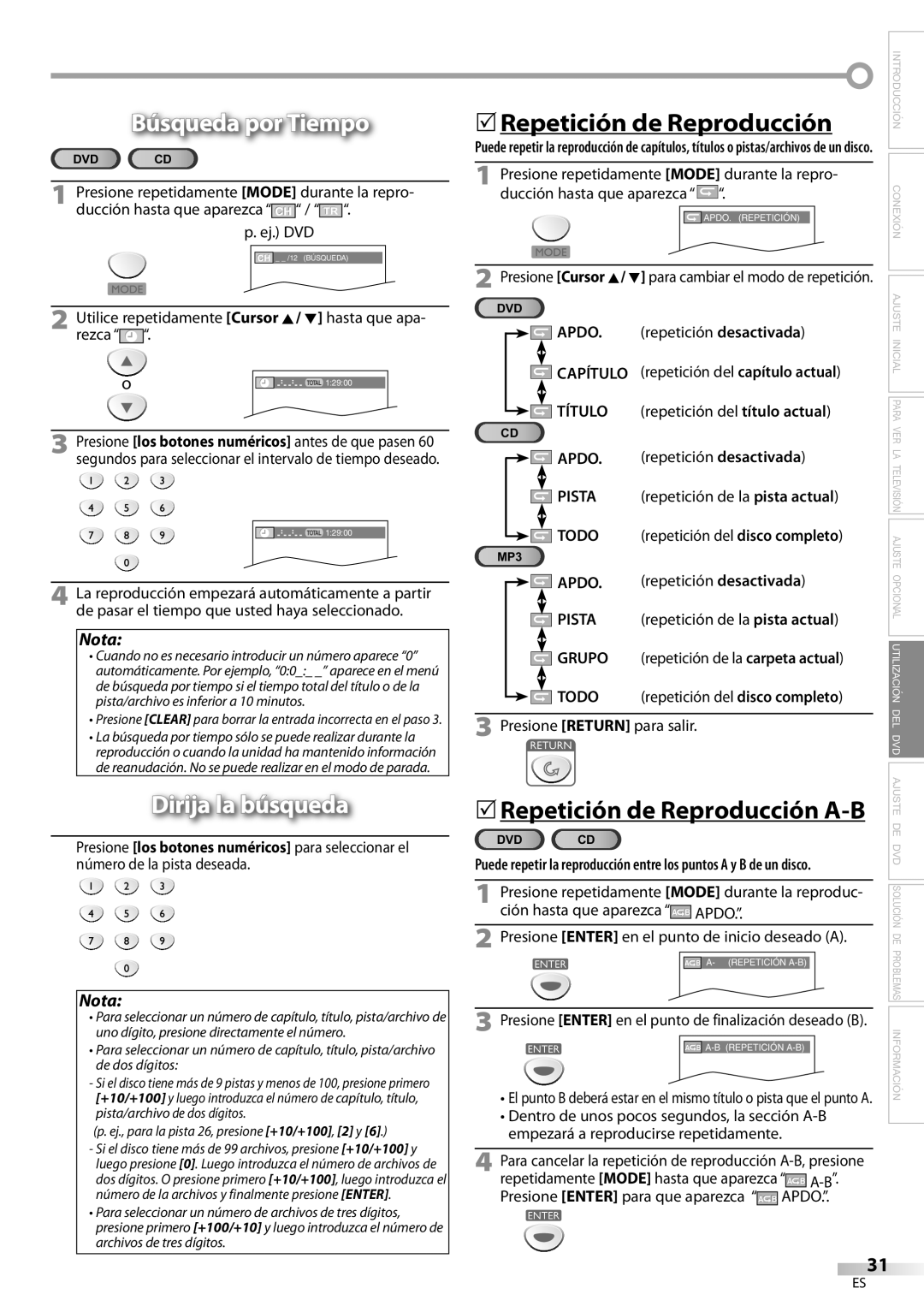 Sylvania LD200SL9 owner manual Búsqueda por Tiempo, Dirija la búsqueda 