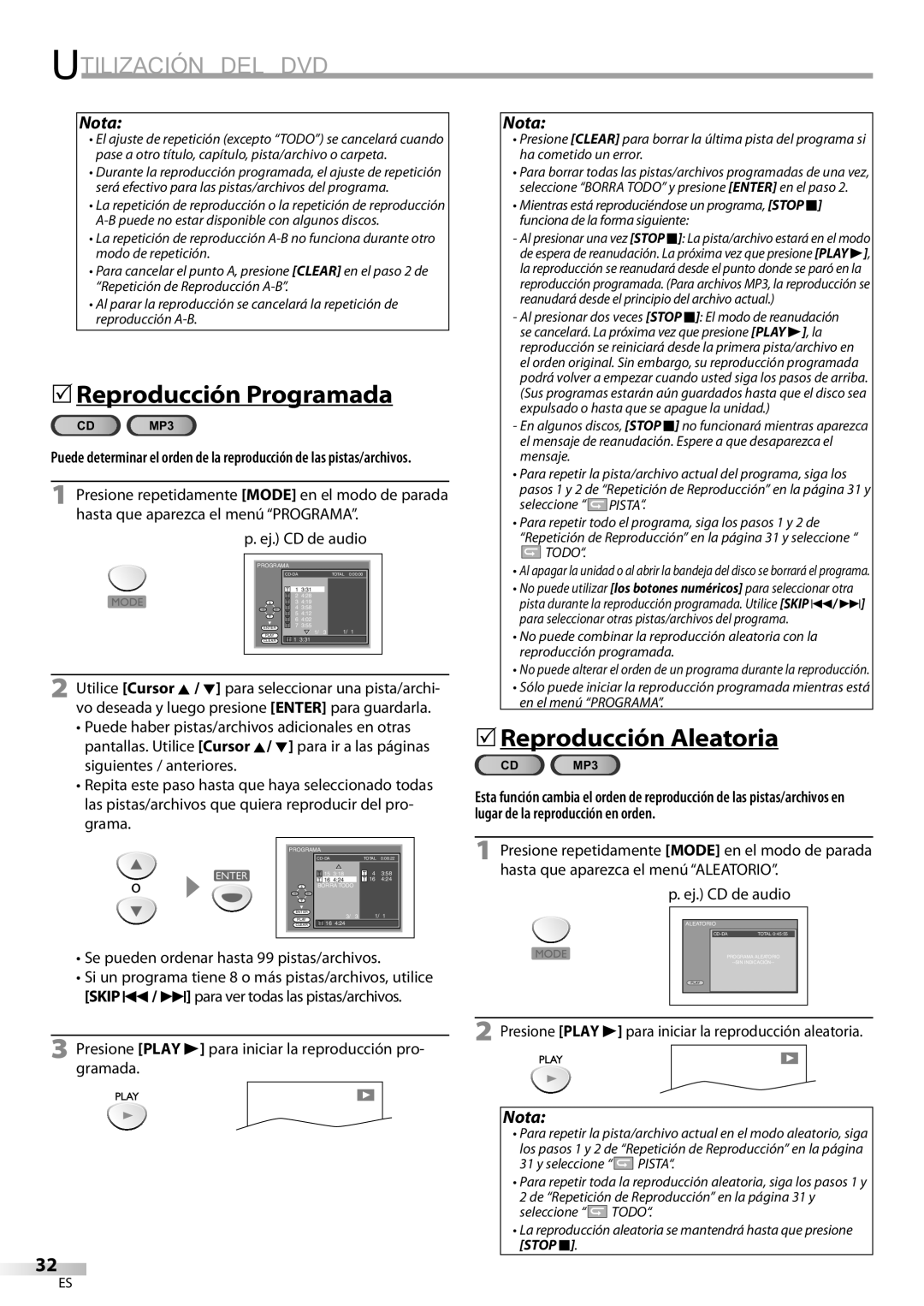 Sylvania LD200SL9 owner manual 5Reproducción Programada, 5Reproducción Aleatoria, Ej. CD de audio 