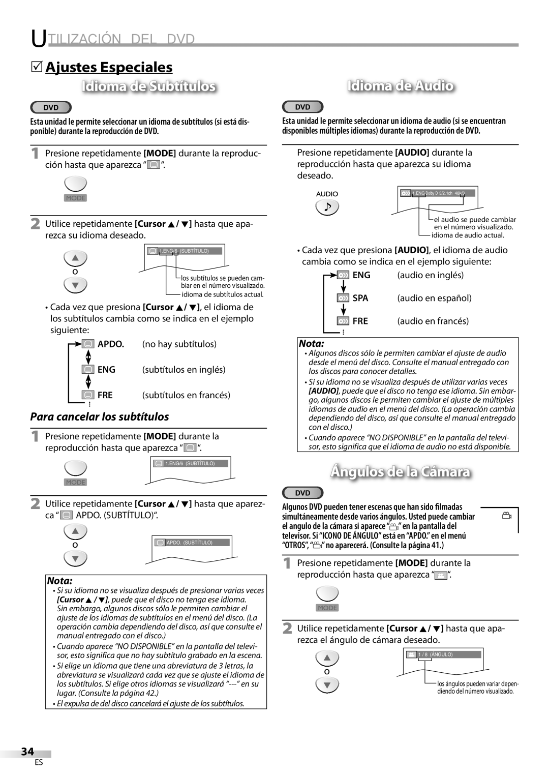 Sylvania LD200SL9 owner manual 5Ajustes Especiales, Idioma de Subtítulos, Idioma de Audio, Ángulos de la Cámara 