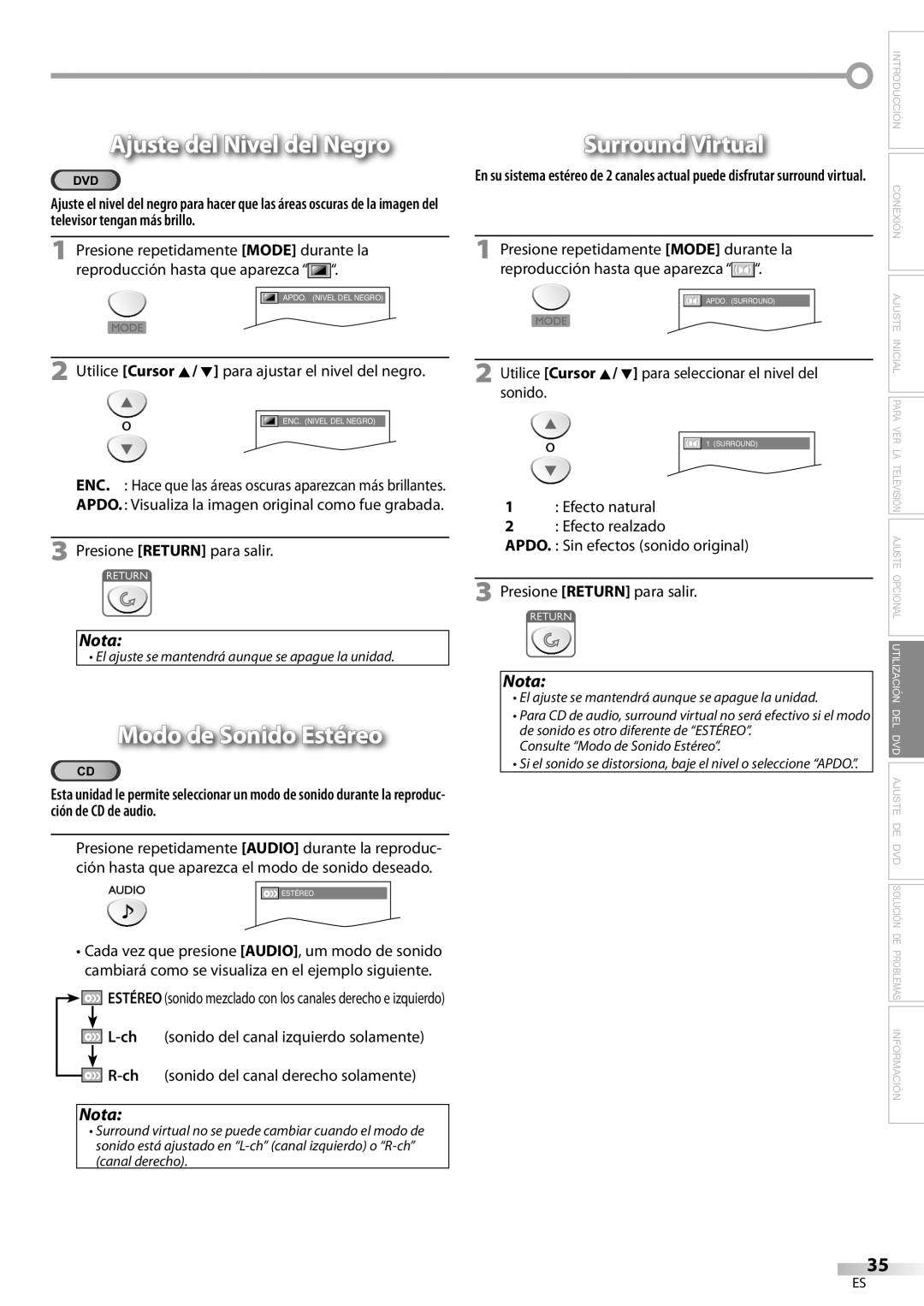 Sylvania LD200SL9 owner manual Ajuste del Nivel del Negro, Modo de Sonido Estéreo, Surround Virtual 