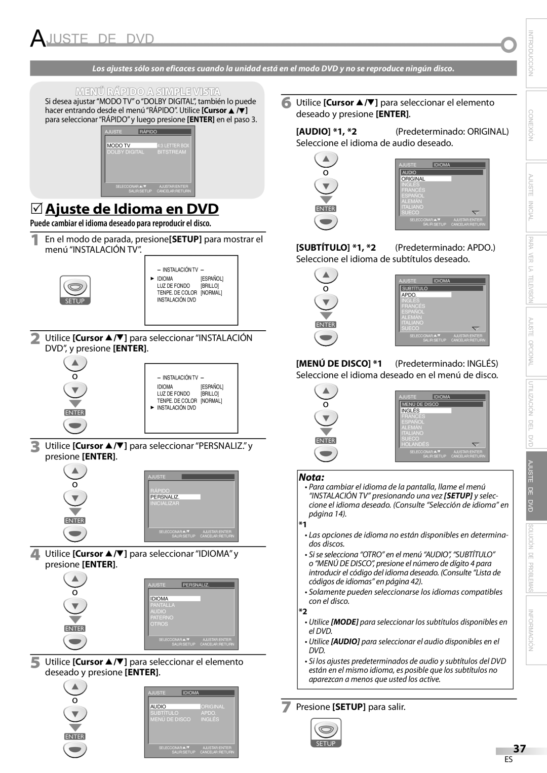 Sylvania LD200SL9 owner manual Ajuste DE DVD, 5Ajuste de Idioma en DVD 