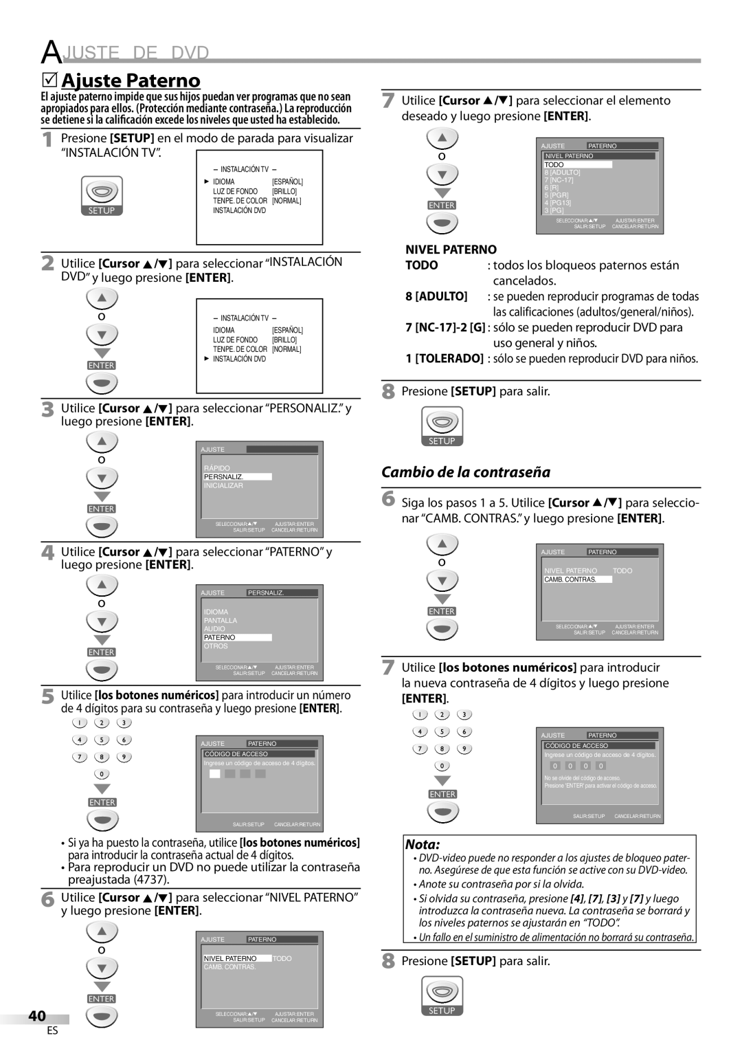 Sylvania LD200SL9 owner manual 5Ajuste Paterno, Nivel Paterno, Todo todos los bloqueos paternos están cancelados 