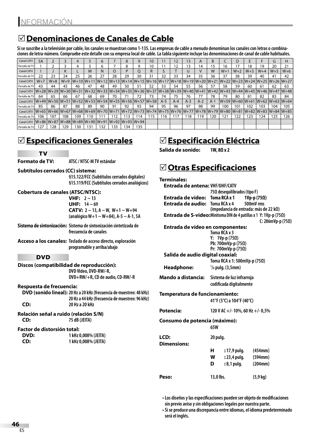 Sylvania LD200SL9 owner manual 5Denominaciones de Canales de Cable, 5Especificaciones Generales, 5Especificación Eléctrica 