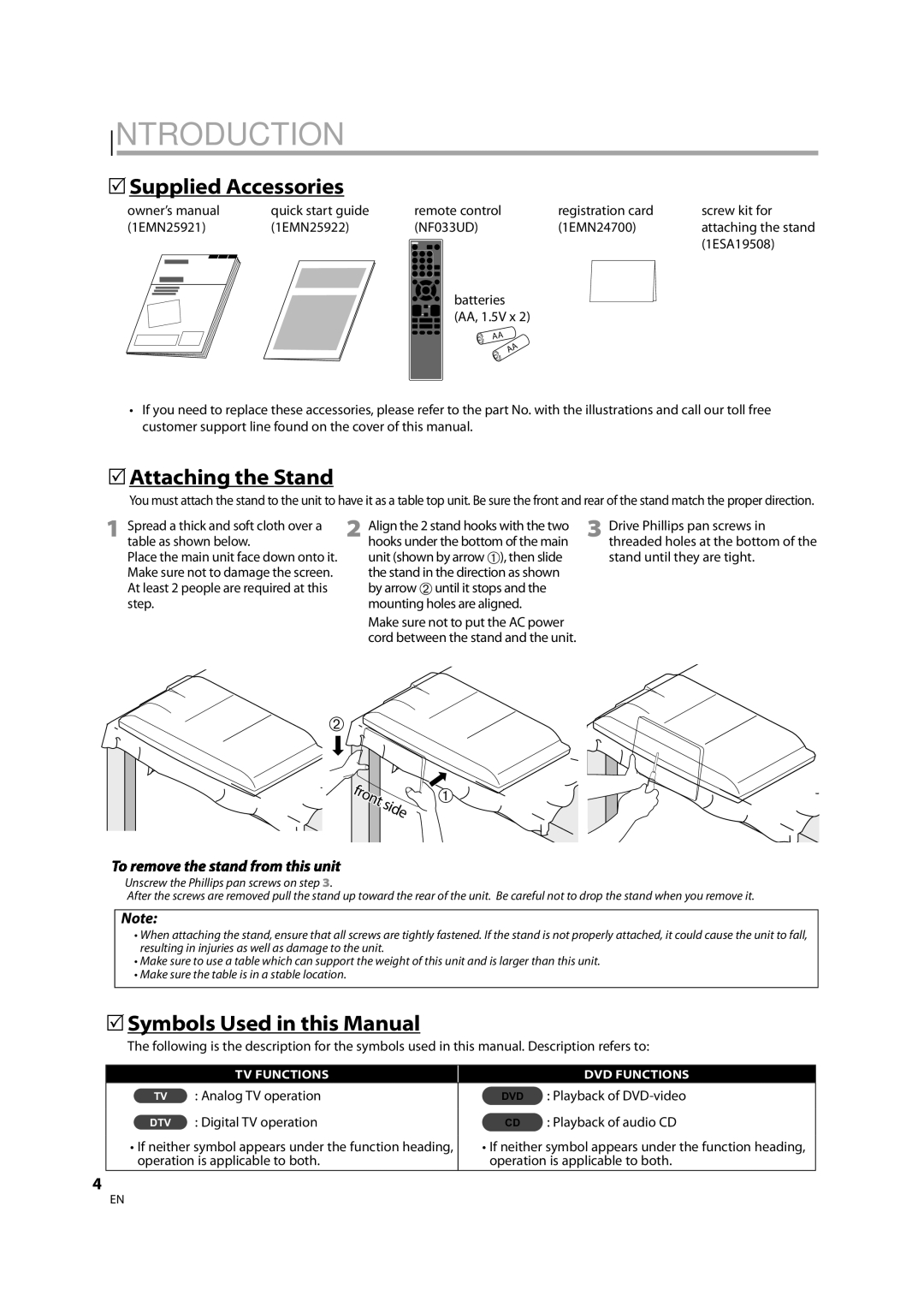 Sylvania LD320SS1 Introduction,  Supplied Accessories,  Attaching the Stand,  Symbols Used in this Manual, 1ESA19508 