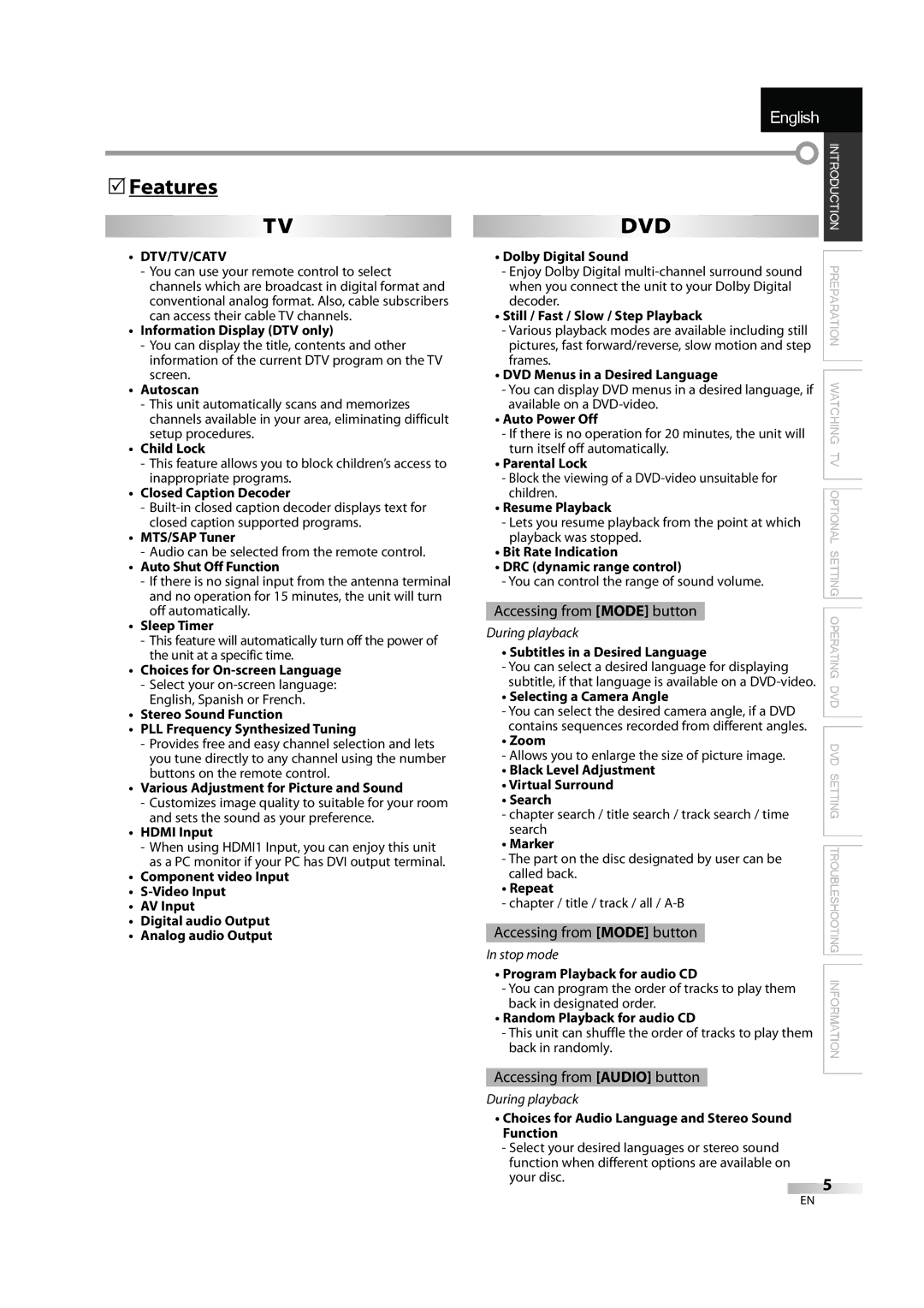 Sylvania A9DF1UH, LD320SS1 owner manual  Features, Dtv/Tv/Catv, Audio 