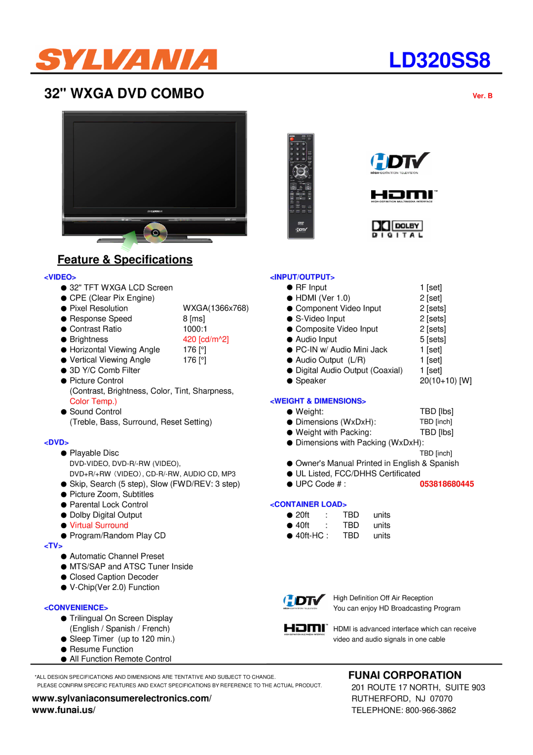 Sylvania LD320SS8 specifications Wxga DVD Combo, Feature & Specifications, Funai Corporation, 053818680445 